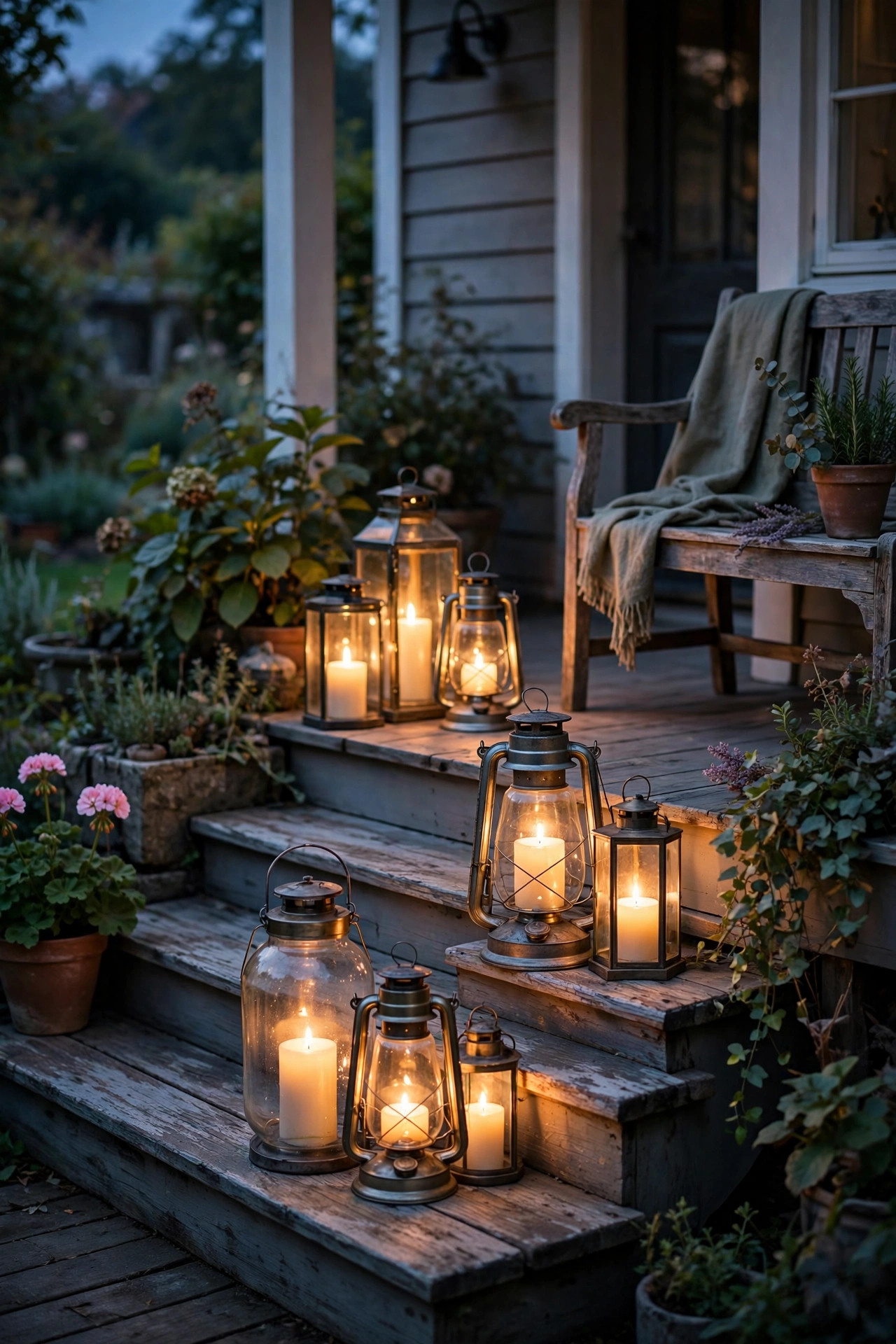 Clusters of hurricane lanterns with flameless pillar candles on porch steps and a garden bench at twilight
