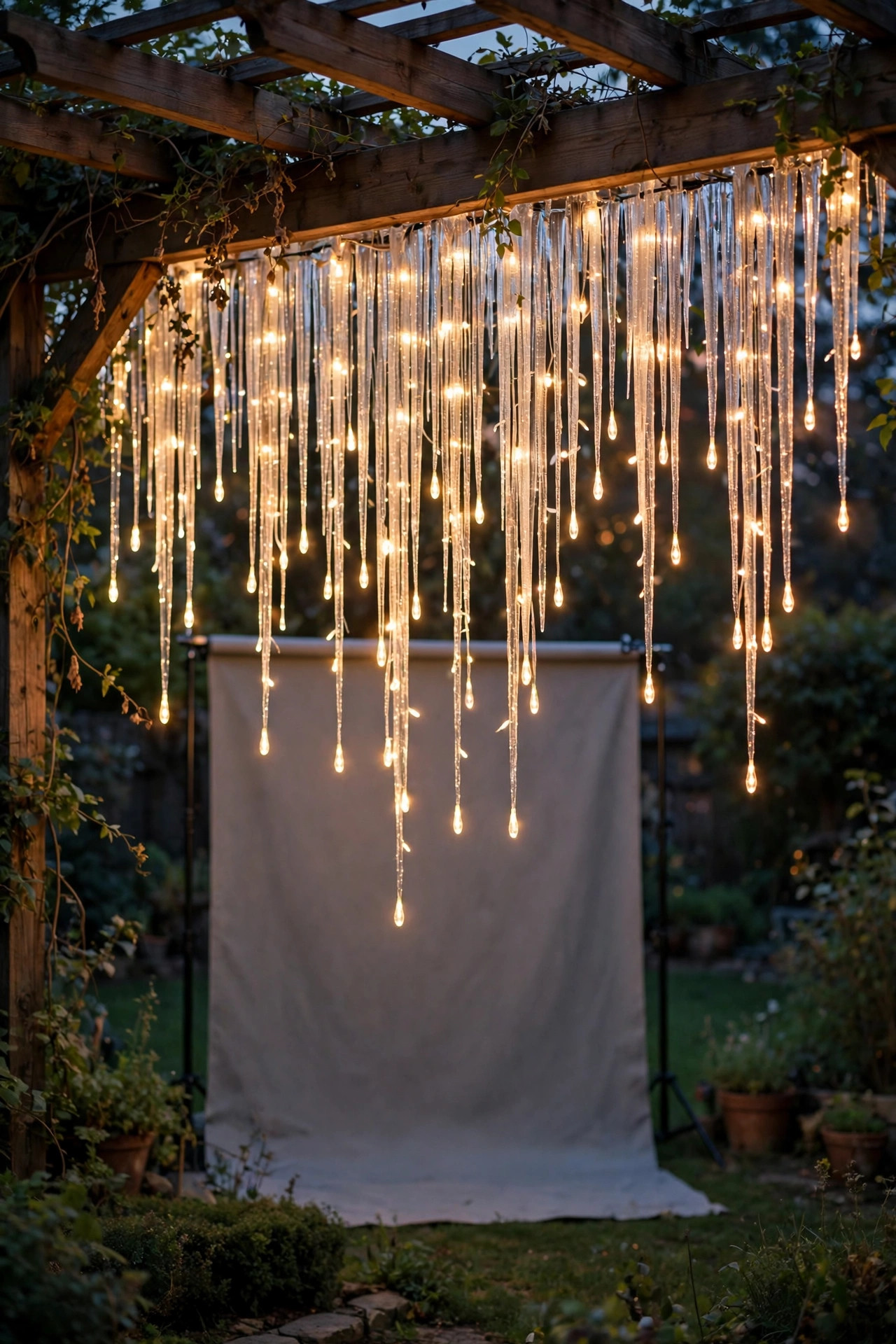 Icicle curtain lights with staggered glowing drops hanging like a waterfall over an outdoor photo backdrop