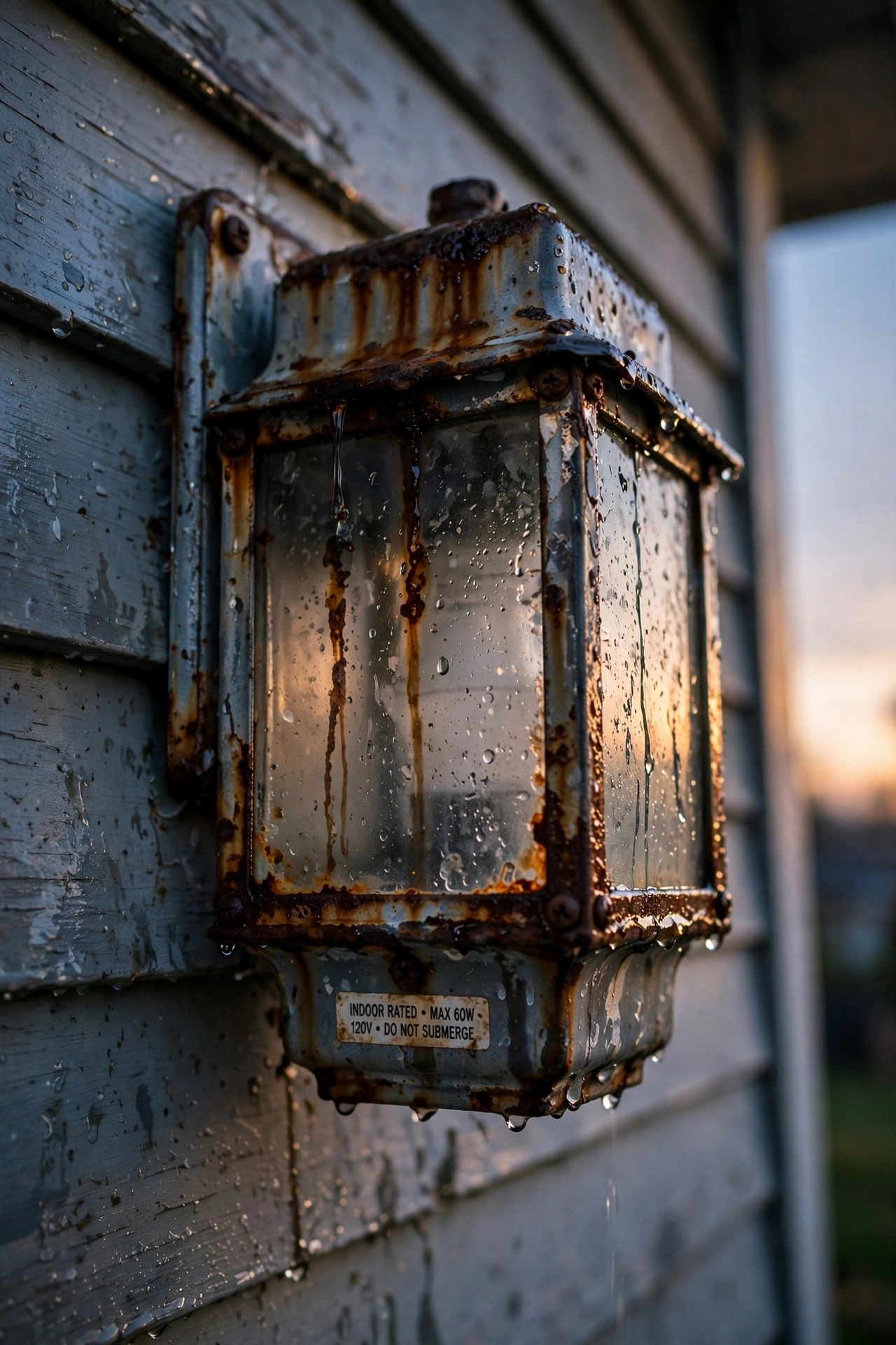 Close-up of a rusted corroded indoor-rated light fixture mounted on an exterior porch wall after rain exposure