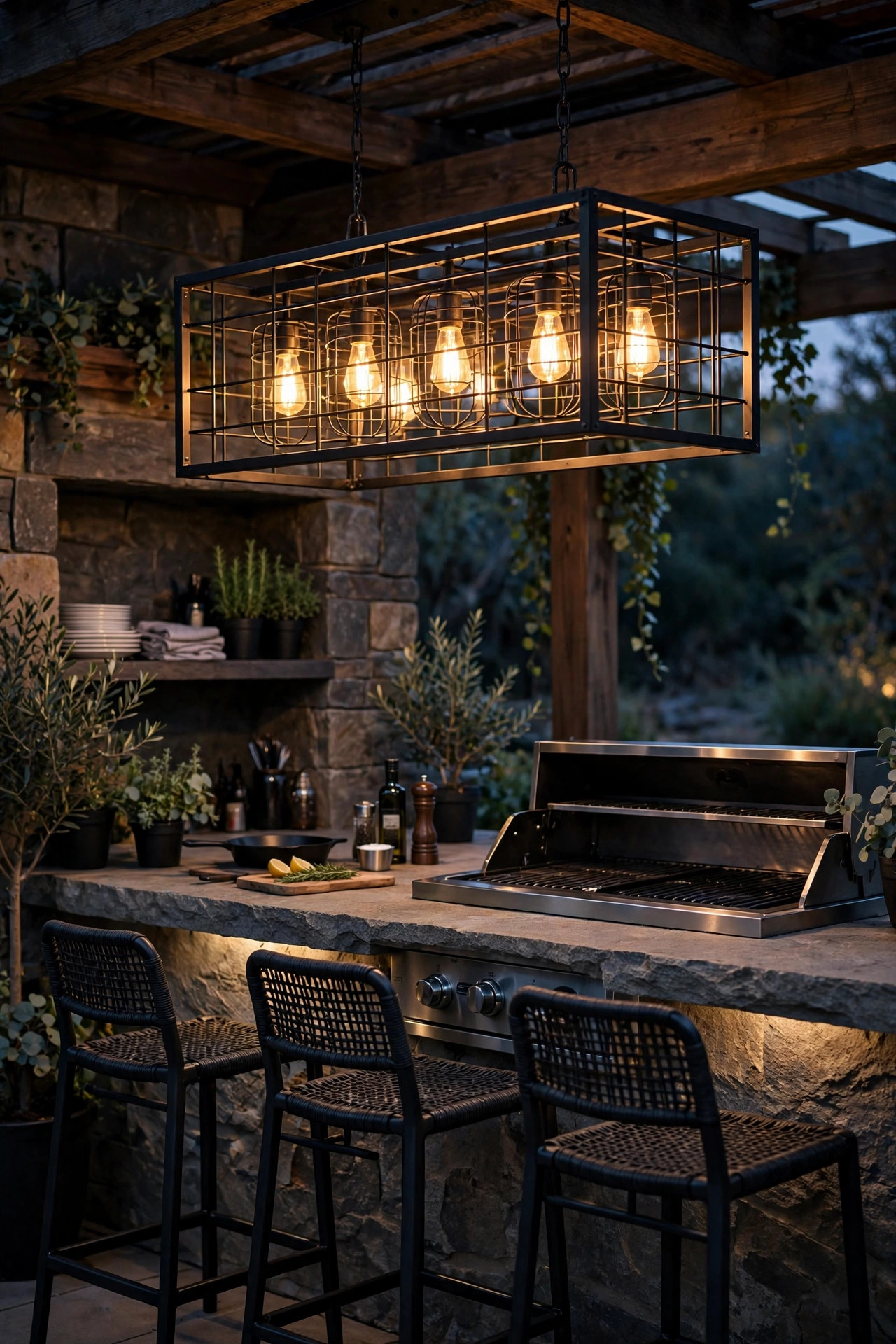 Industrial cage outdoor chandelier with exposed bulbs above an outdoor kitchen counter