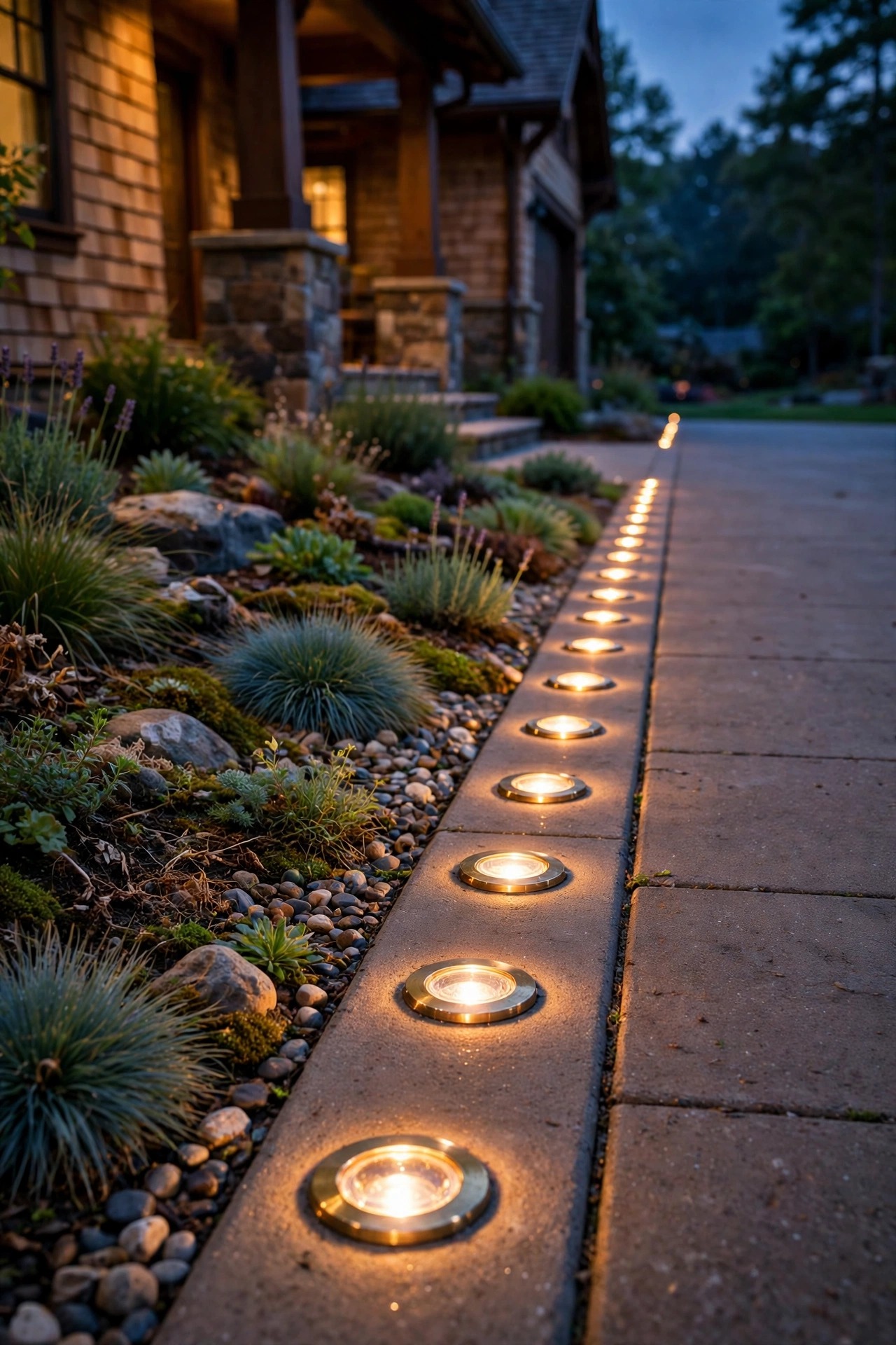 Flush in-ground marker lights with brass trim rings drawing a warm dotted line along the tight edge of a craftsman driveway