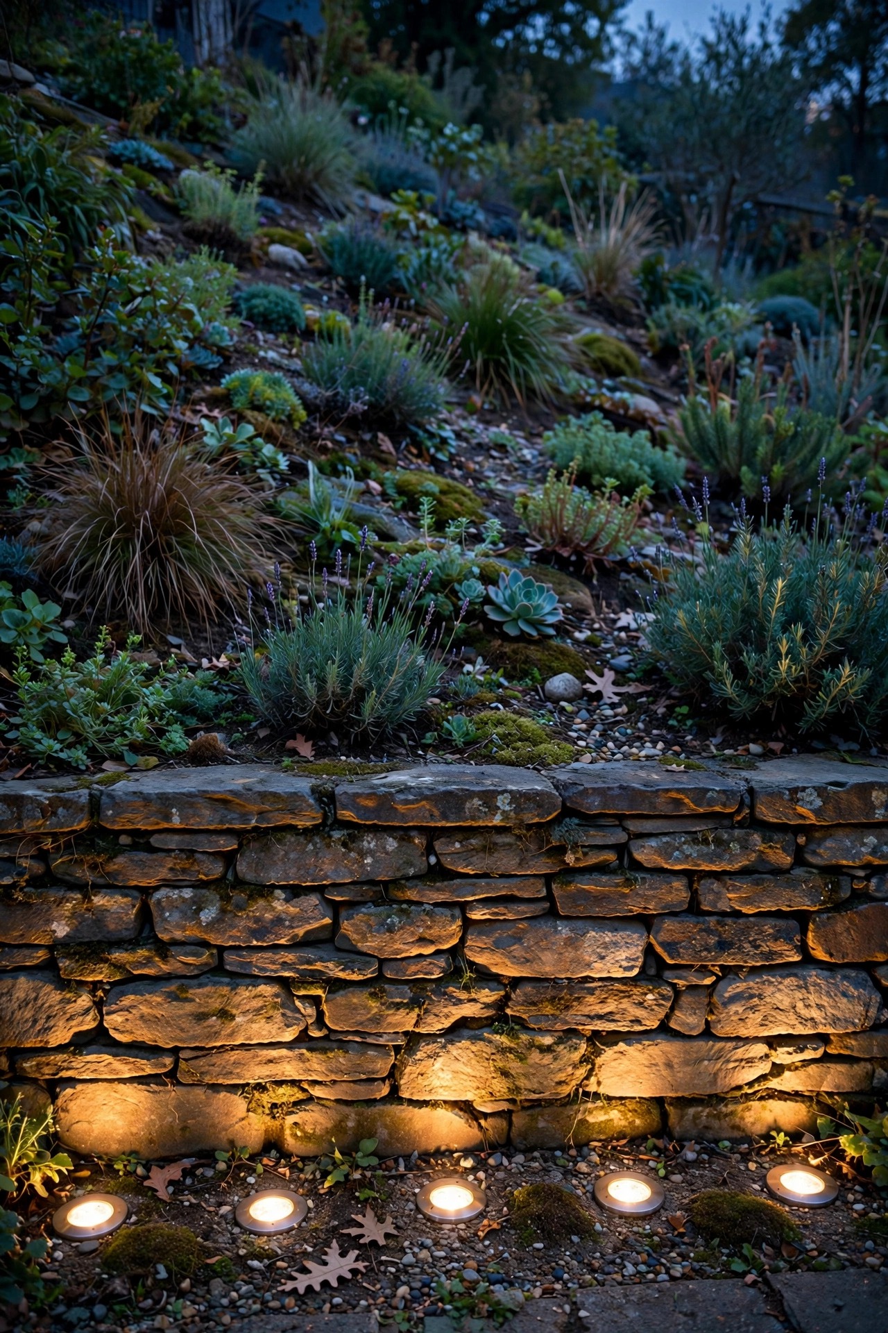 Flush in-ground well lights uplighting a wall at the base of a sloped garden