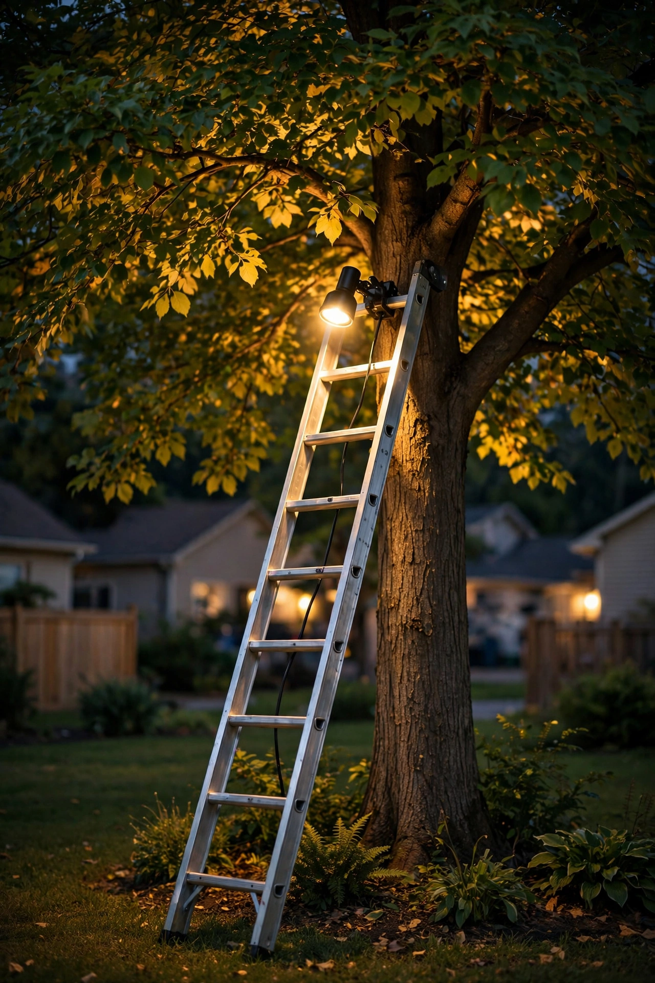 Nighttime installation scene showing a moonlighting downlight being aimed from a ladder with warm light glowing through the canopy
