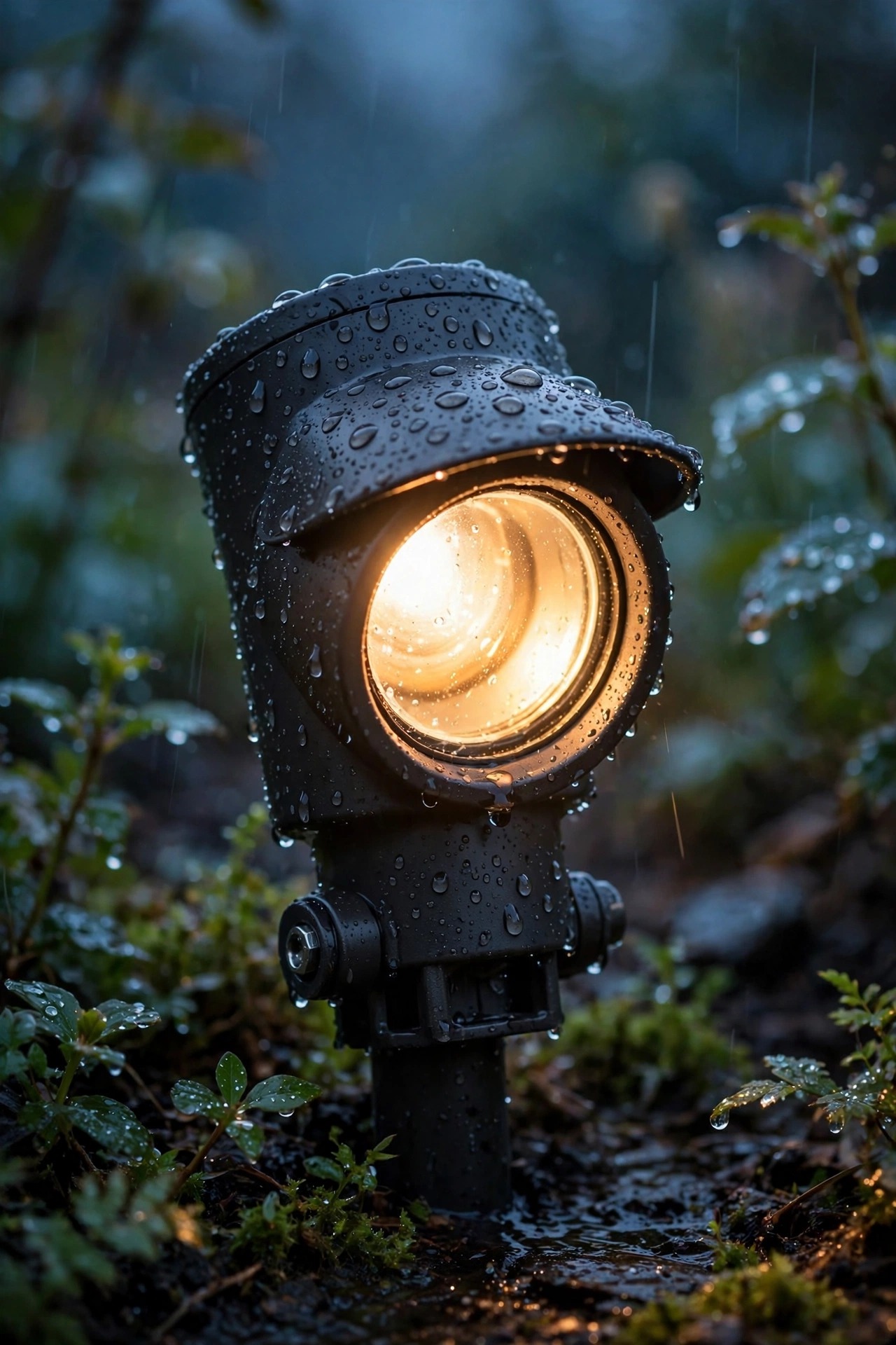 Sturdy wet-rated garden spotlight glowing after an evening rain shower, water droplets beading on its dark housing