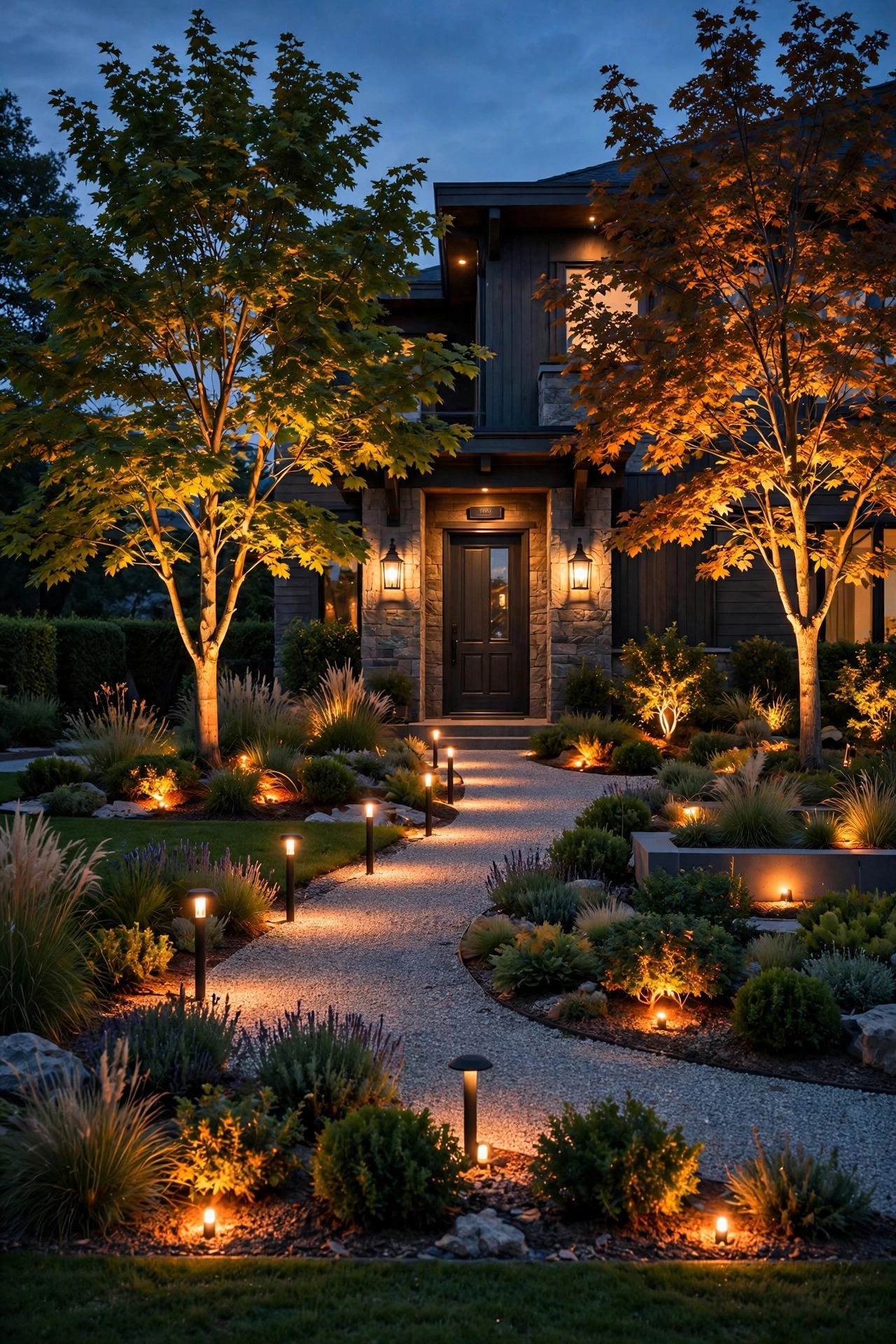 Photorealistic warm dusk view of a fully lit front landscape with clearly zoned lighting, entry lanterns, path lights, tree uplights and bed accents each glowing in balanced layers