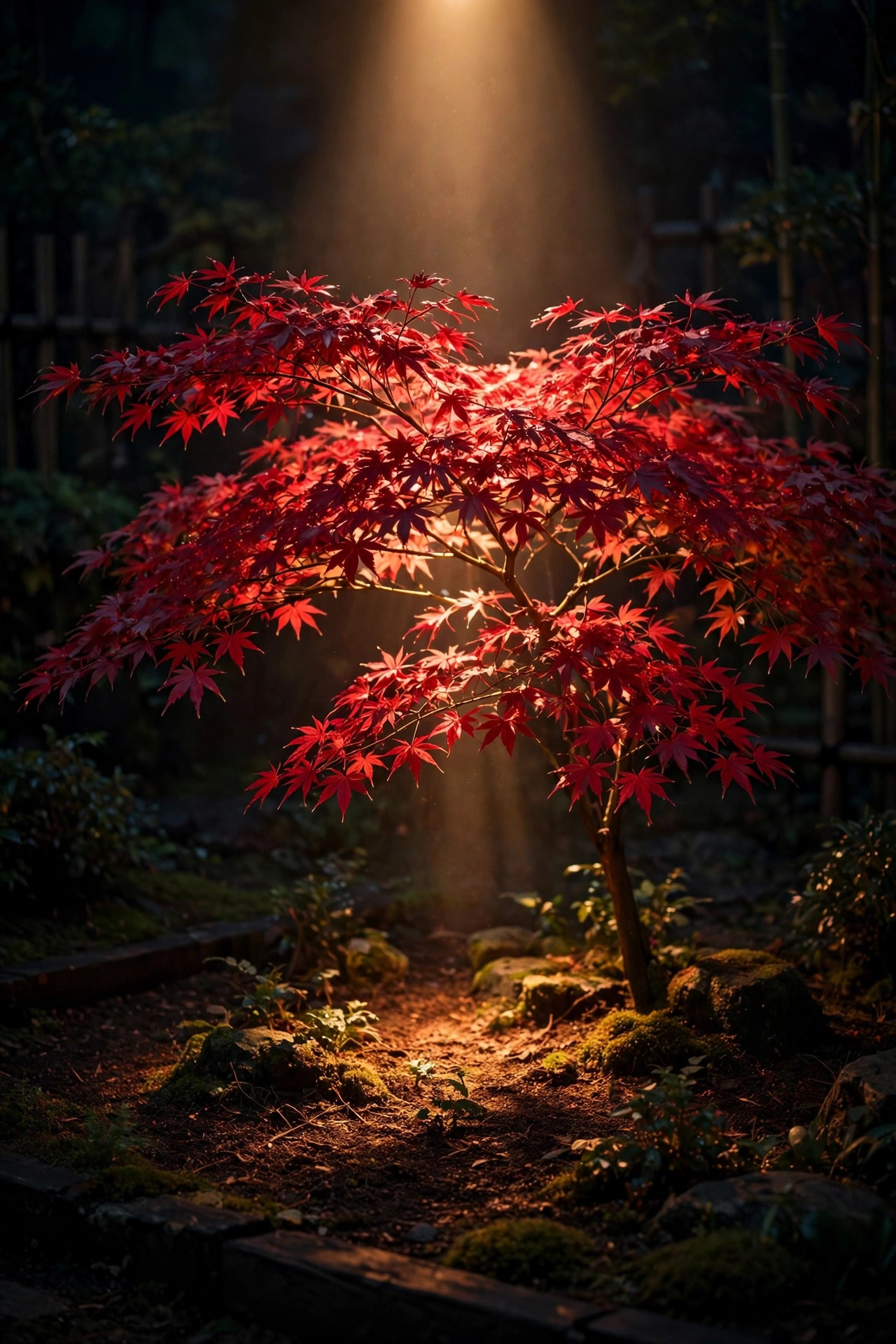 Japanese maple tree glowing deep red under a narrow warm spotlight beam in a dark garden bed at night