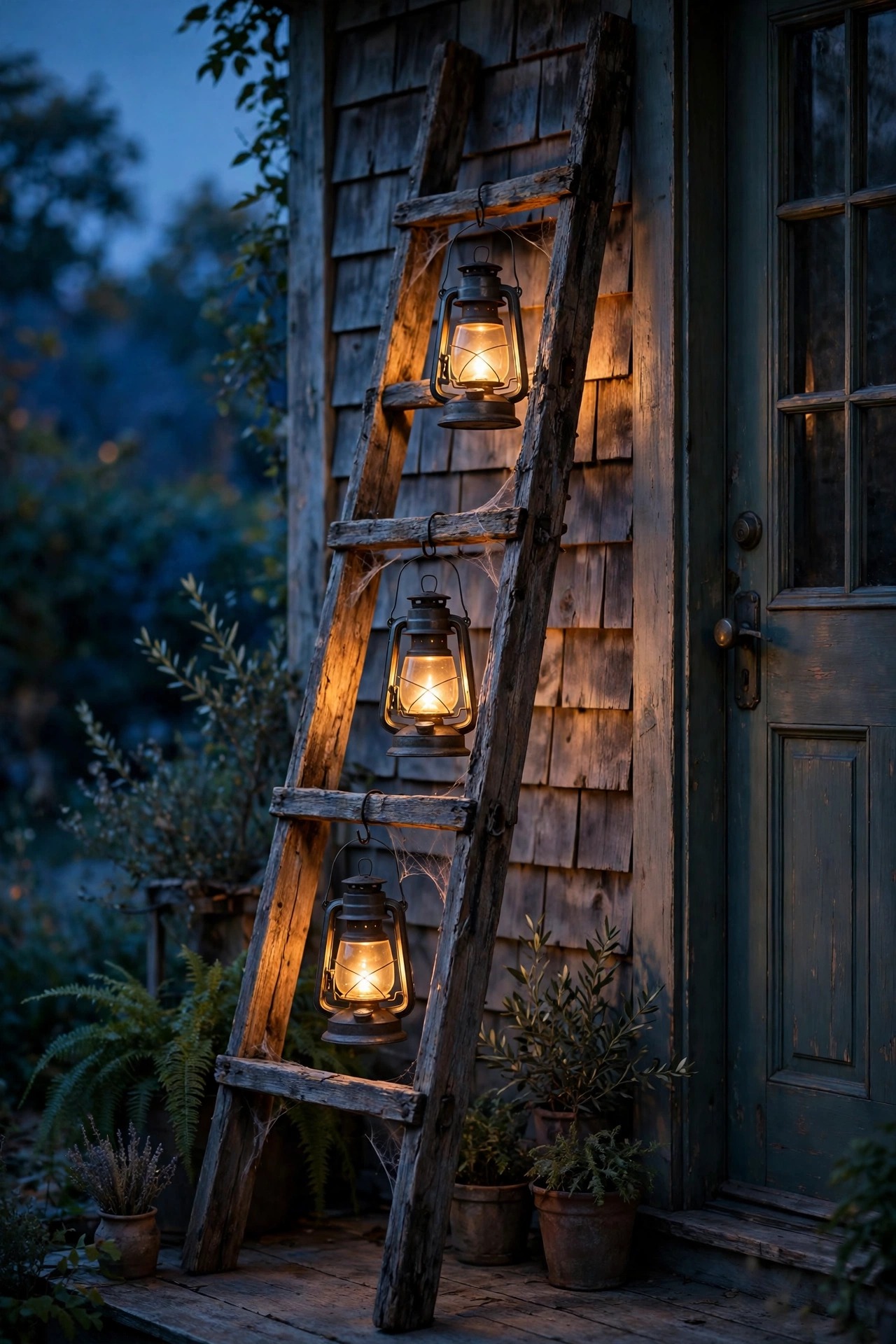 Weathered wooden ladder leaning by a front door with rustic lanterns hanging from the rungs