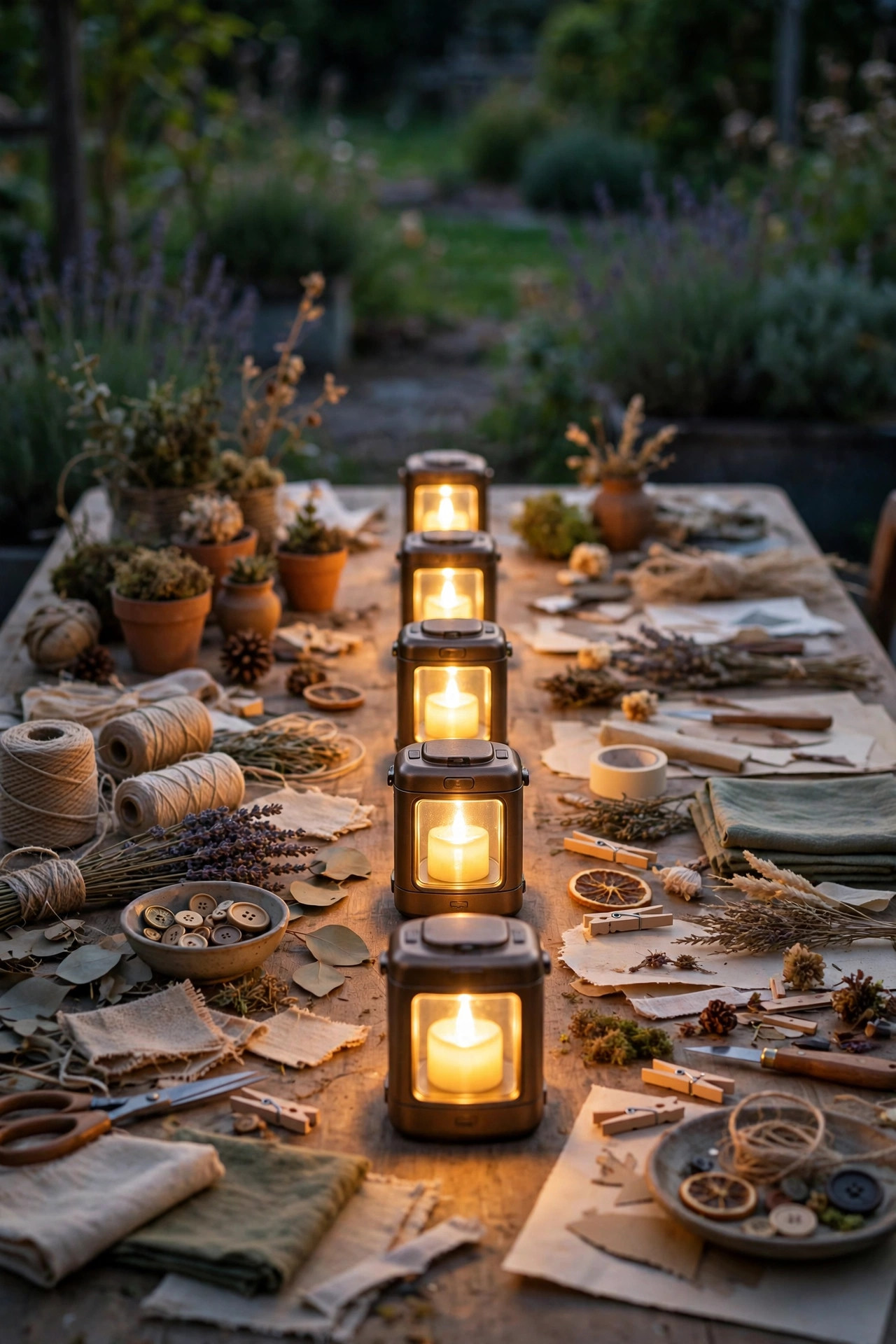 Short battery lanterns with flameless candles as a centerpiece row adding fill light to an outdoor craft table