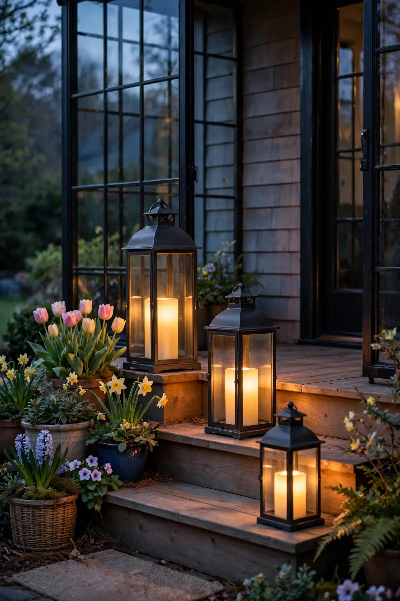 Three lanterns of staggered heights glowing on porch steps at dusk beside potted spring flowers