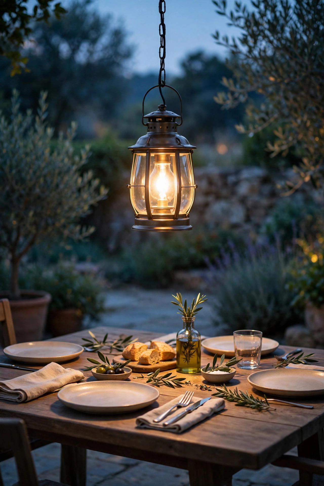 Lantern pendant light hanging over an outdoor dining table at dusk, casting a warm pool of light on the tabletop