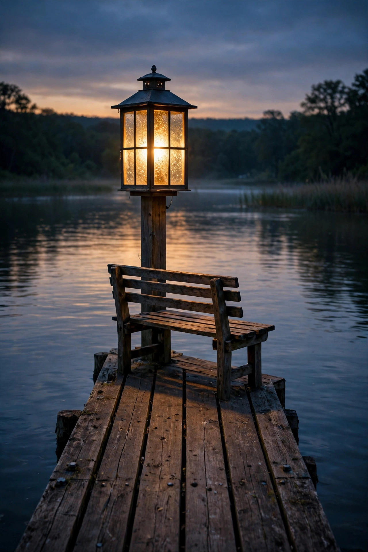 Lantern-style post light glowing warm at the end of a wooden pier at twilight, seeded glass and a bench beneath it beside calm water