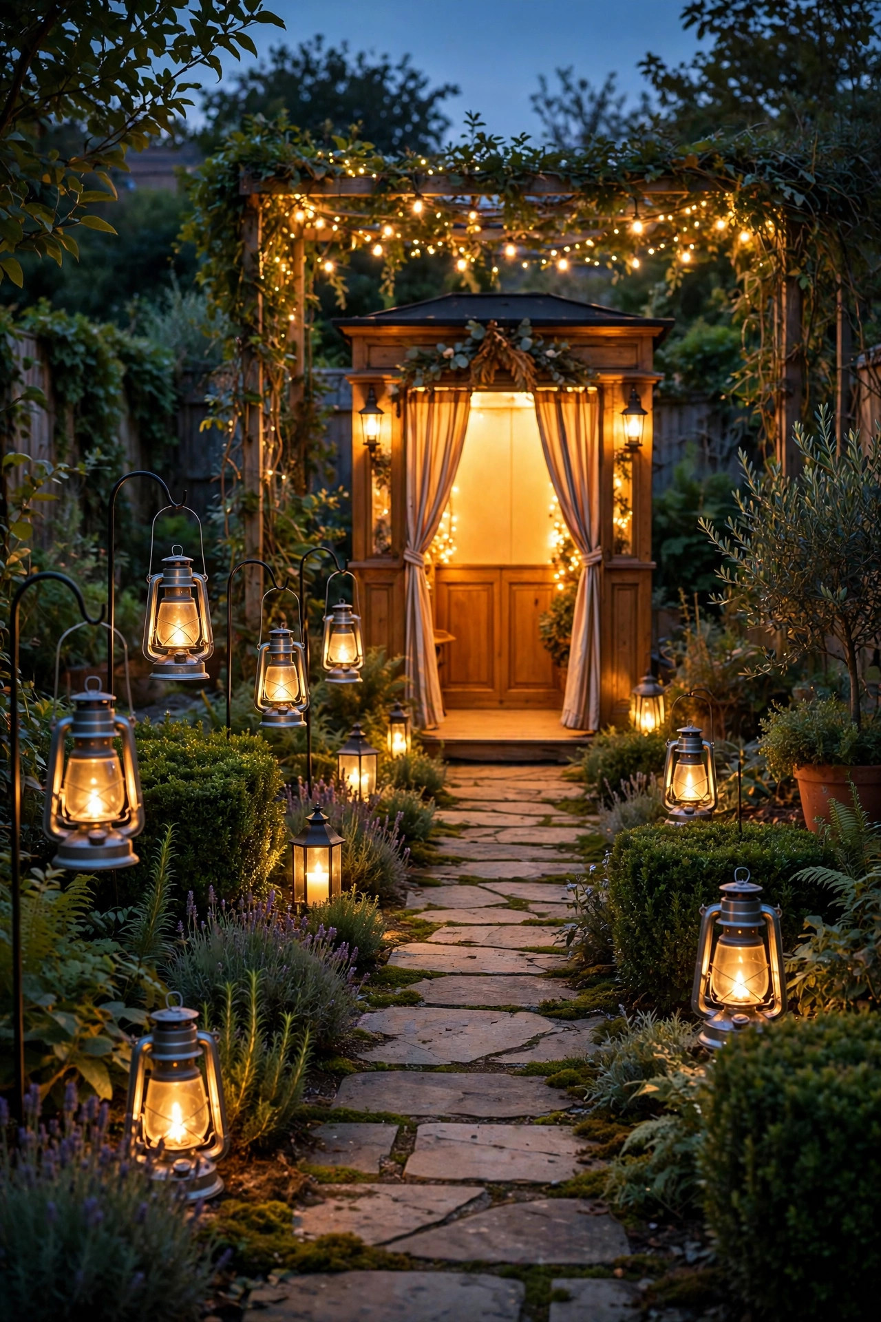 Warm lanterns lining a garden path leading to a glowing backyard photo booth