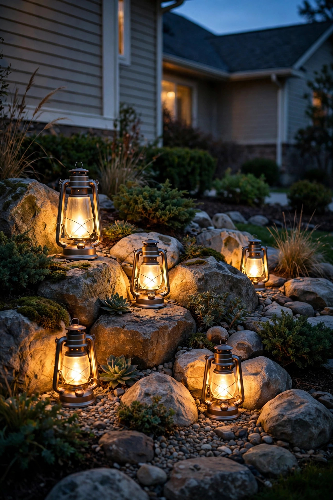 Flameless LED lanterns of different heights tucked between boulders in a rock garden glowing warmly at dusk