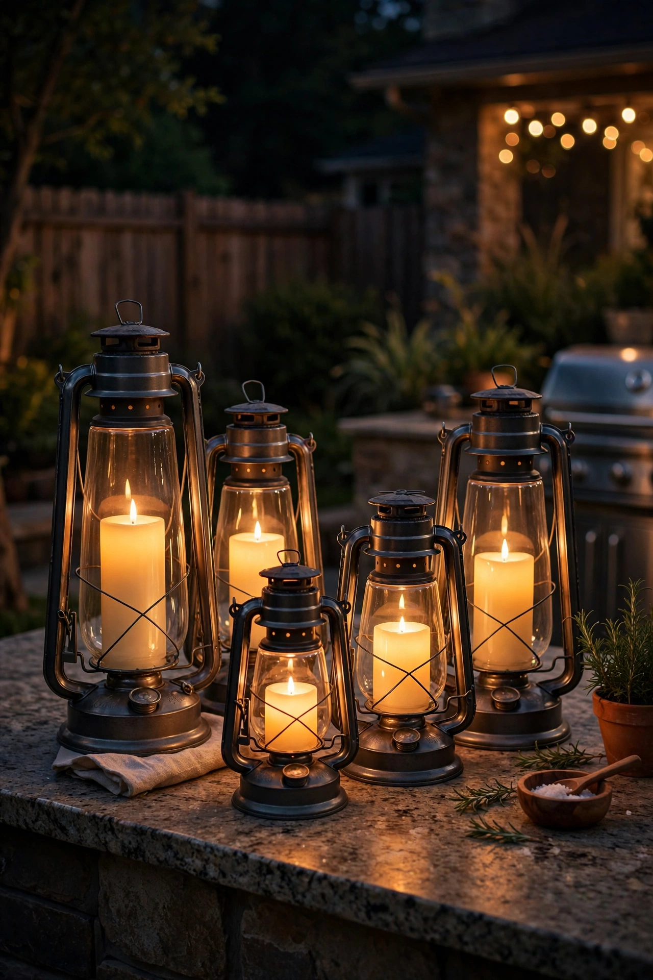 Cluster of lanterns with LED candles glowing on outdoor kitchen serving counter at night