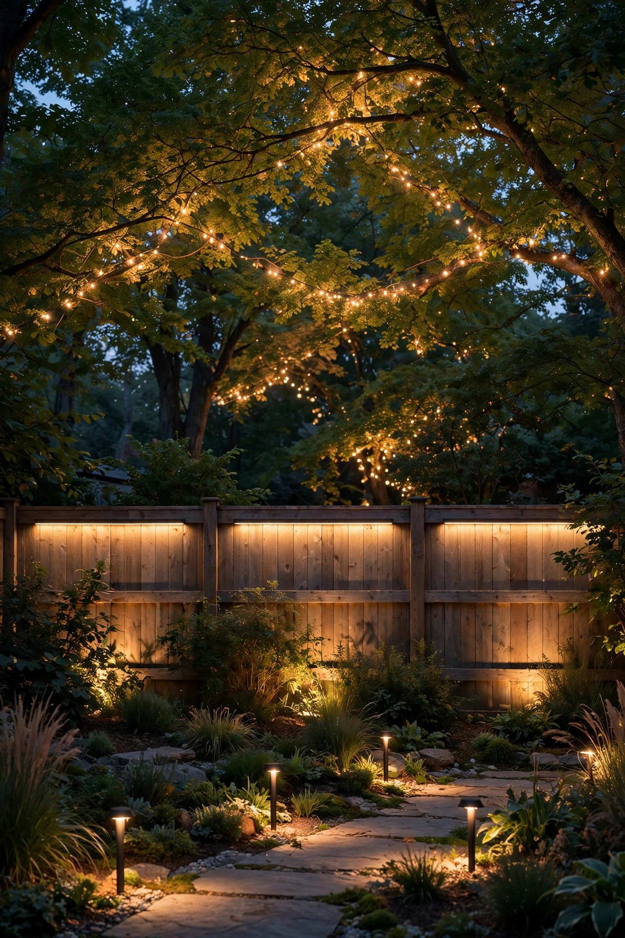 Backyard showing three layers of light, high tree canopy glow, mid fence wash and low path lights