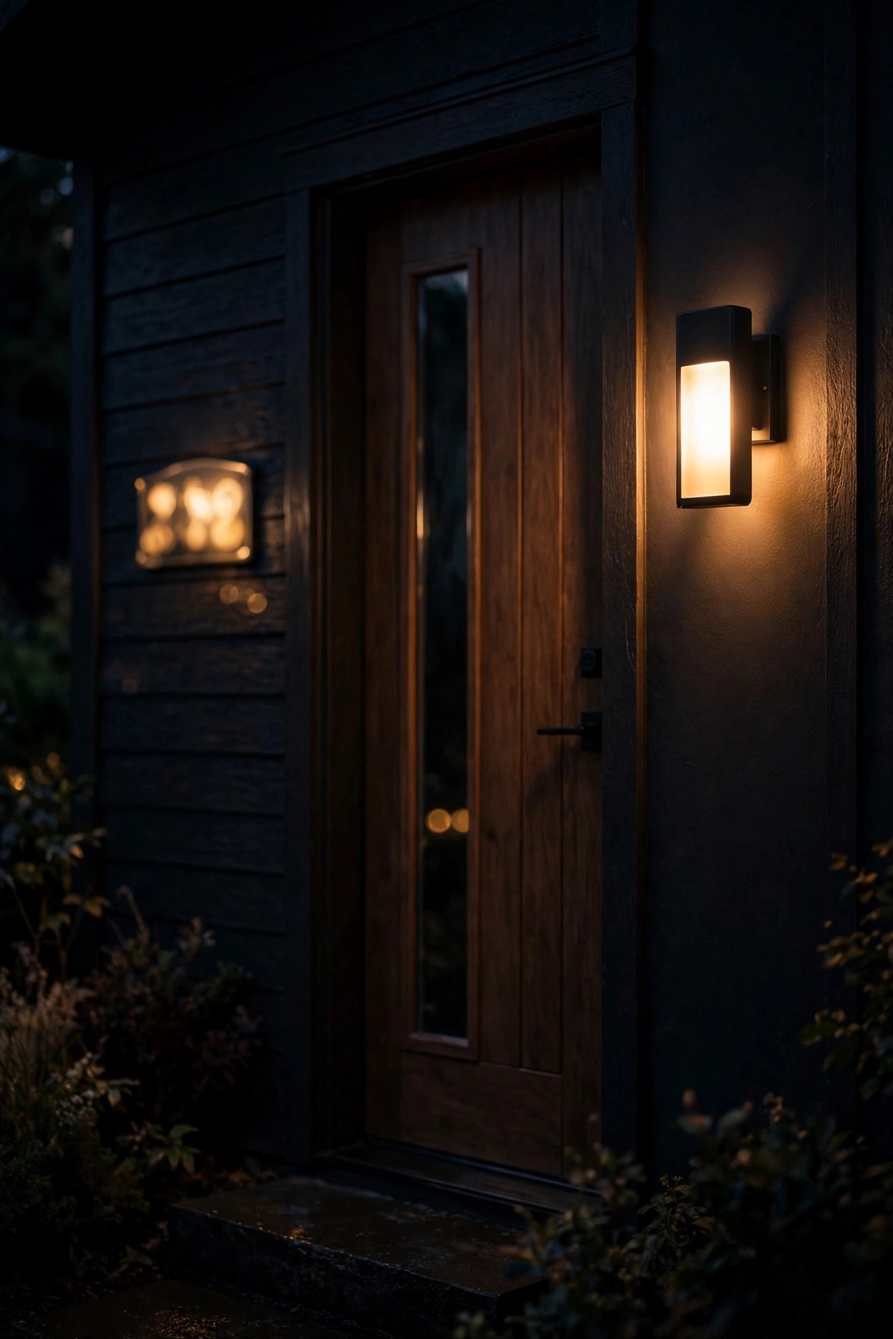 LED porch sconce glowing beside a front door with house numbers at night