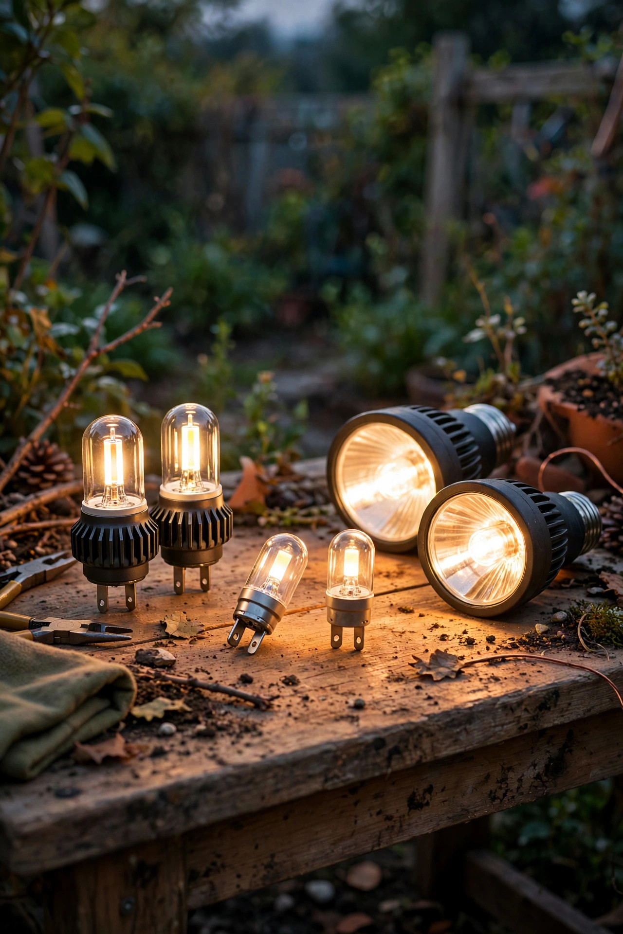 LED retrofit landscape bulbs in MR16, G4 and PAR36 types ready to replace halogen bulbs on a garden workbench