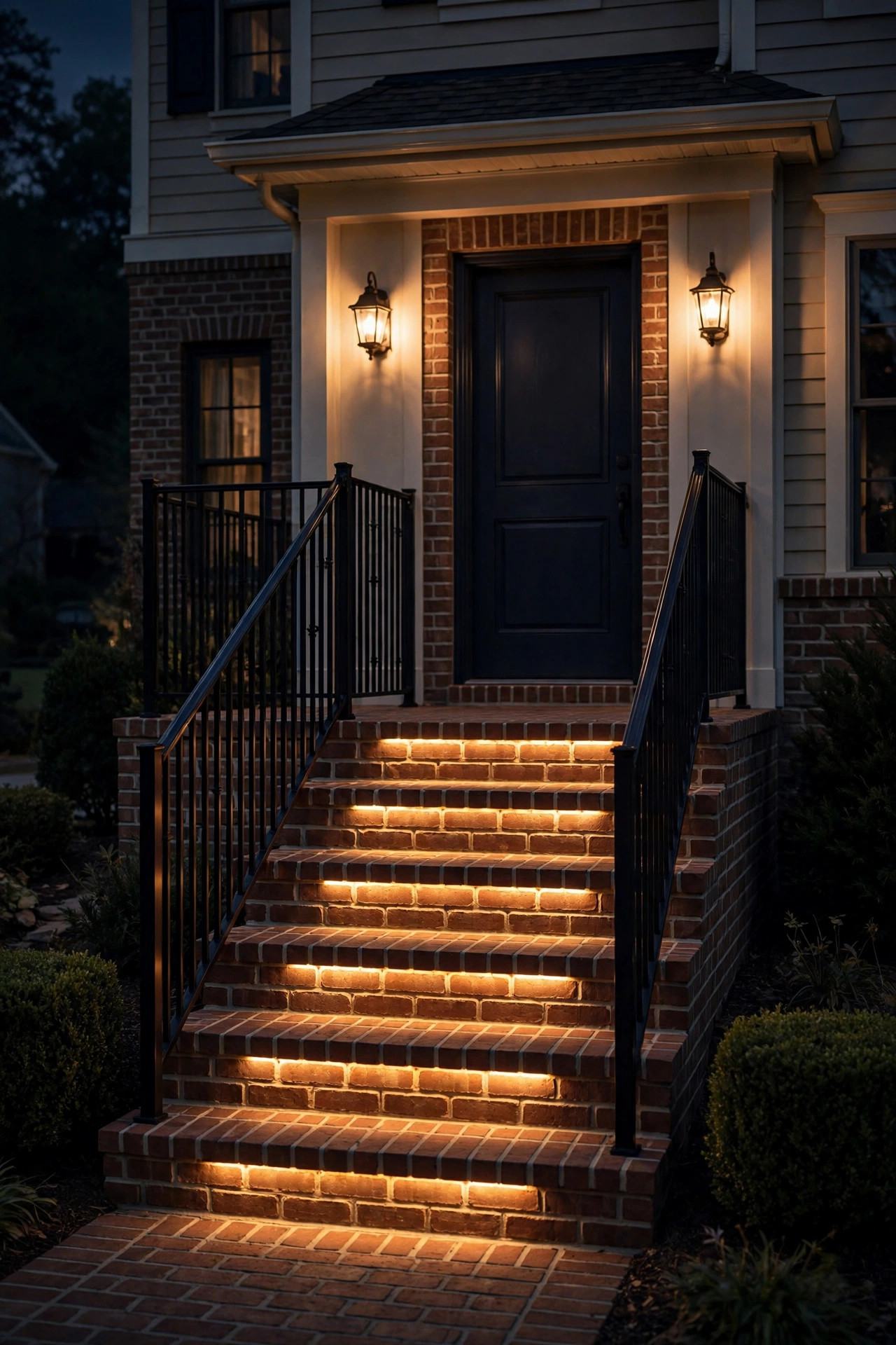 Recessed LED step lights glowing on front porch stairs at night