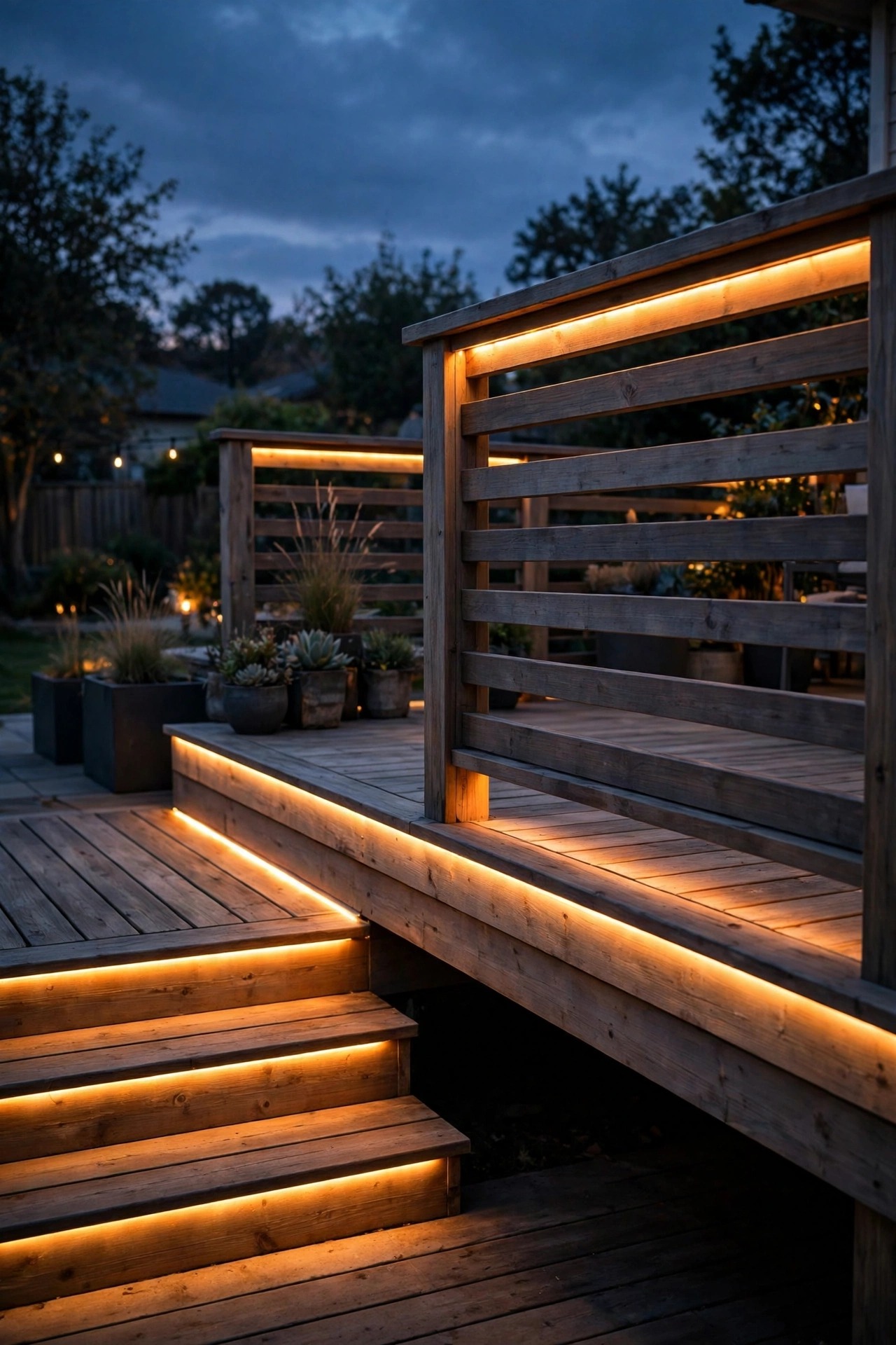 Deck railing with a hidden LED strip glowing underneath, one continuous warm ribbon of light along the deck edge and steps at dusk