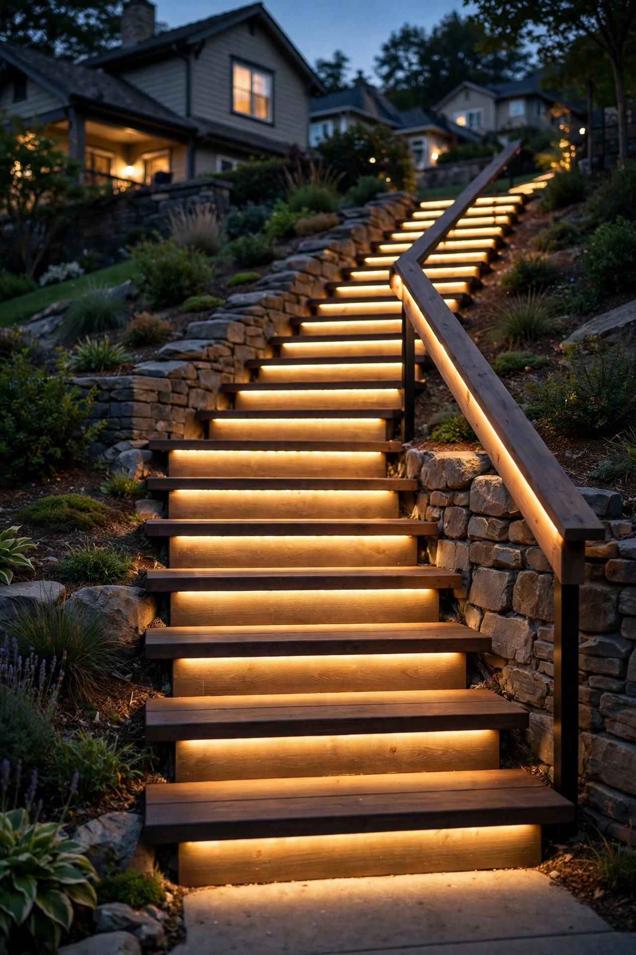 LED strip lighting hidden under hillside stair treads and handrail creating a floating step effect