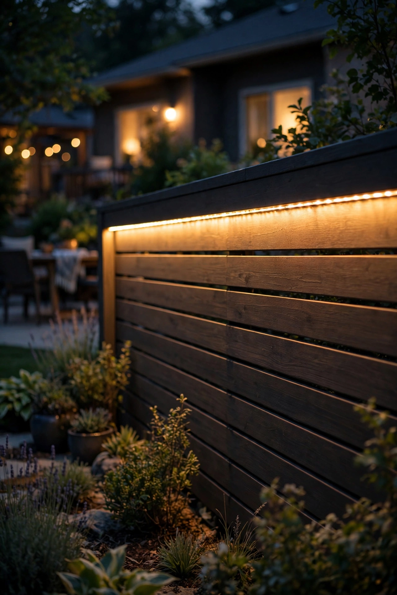 Continuous LED strip light glowing under the top rail of a modern fence at night