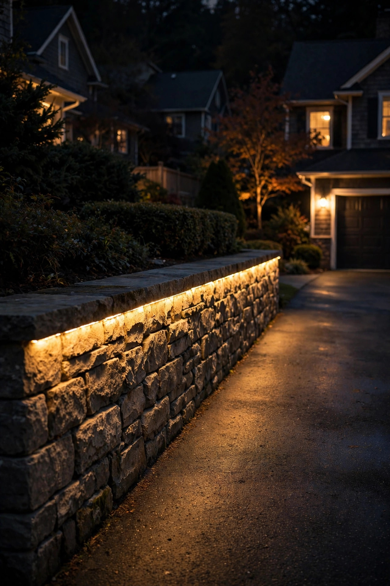 Hidden LED strip glowing warm beneath a retaining wall edge along a driveway at night
