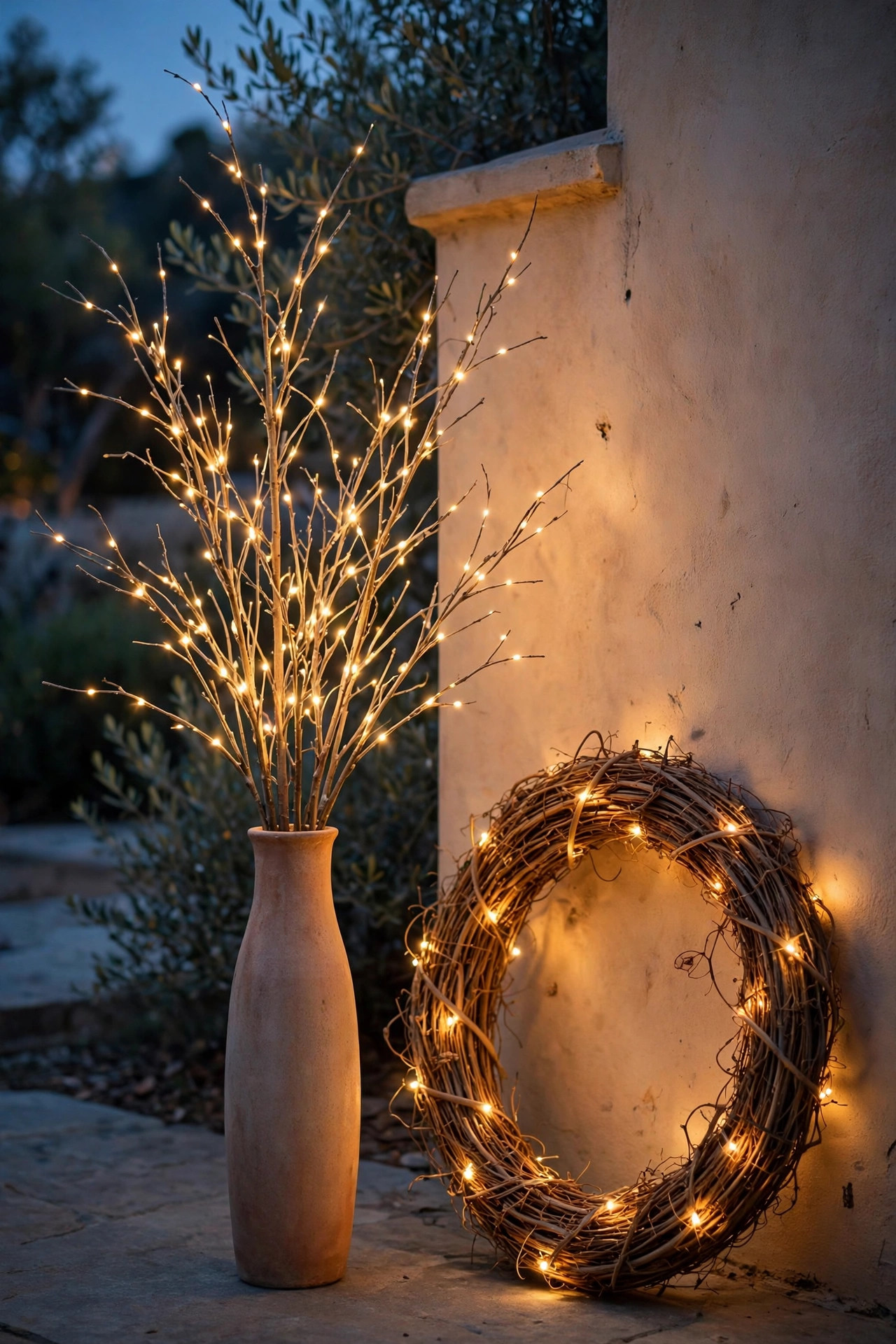 Tall vase of lighted branches and a lit grapevine wreath leaning against a patio wall at dusk
