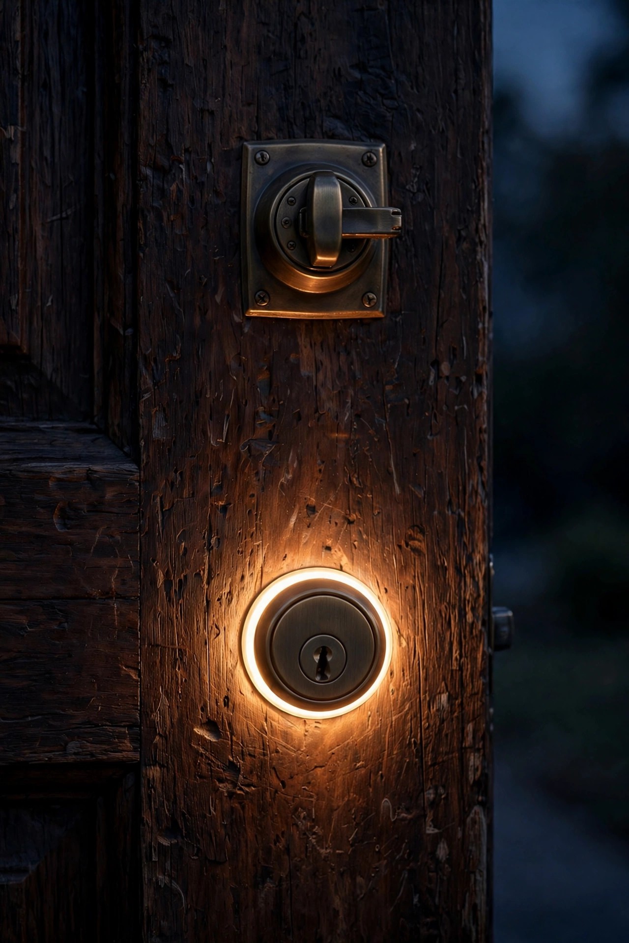 Close-up of a lighted keyhole surround casting a small warm glow over a deadbolt on a front door