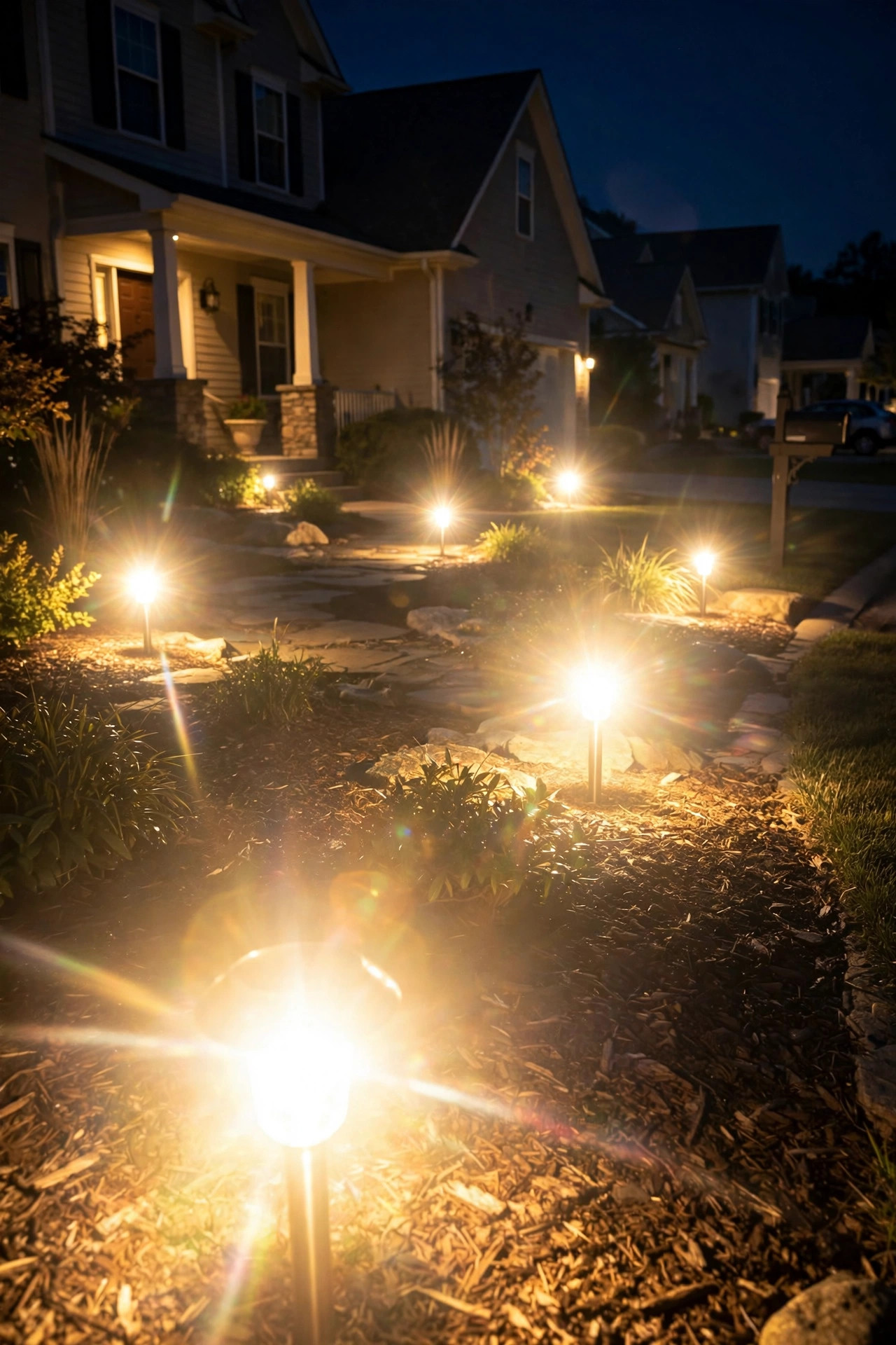 Front yard at night showing common lighting mistakes — overlit runway path lights and harsh glare from unshielded fixtures