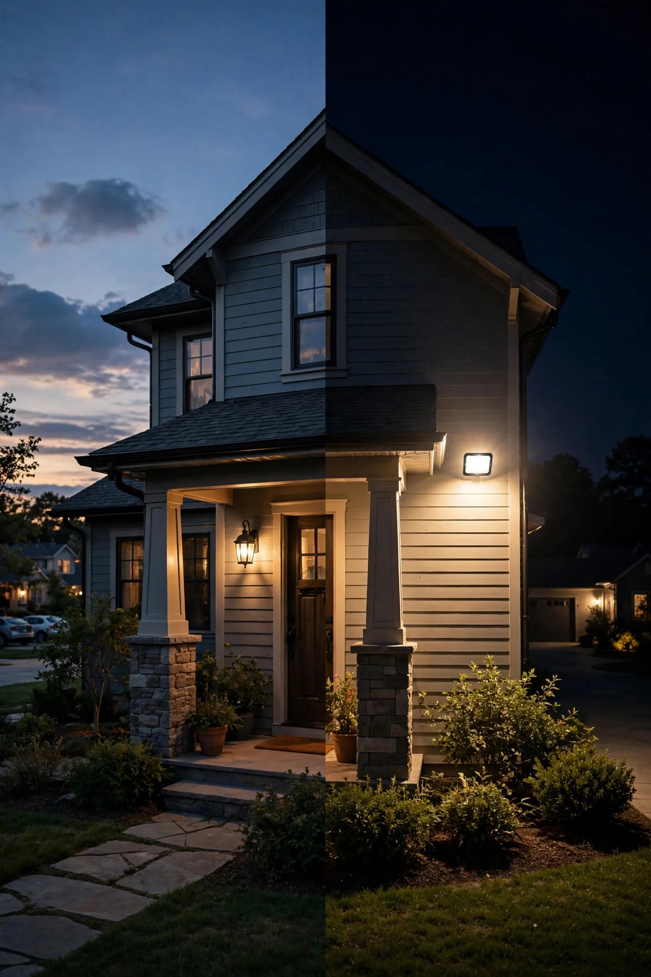 Split-view of a suburban home exterior at night showing dusk-to-dawn porch glow on one side and bright motion-activated floodlight on the other, warm tones