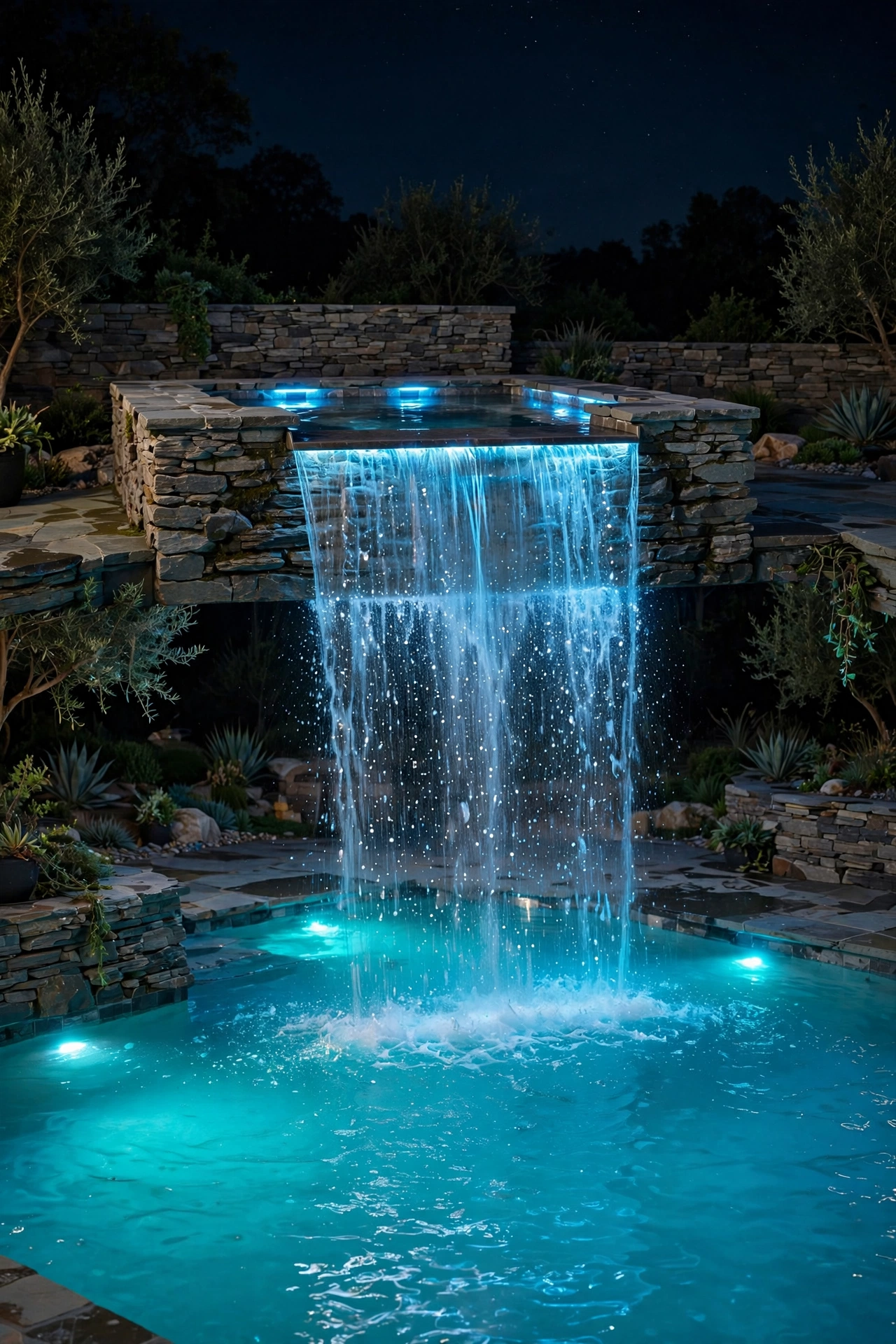 LED-lit waterfall cascading from a raised spa into a glowing pool at night