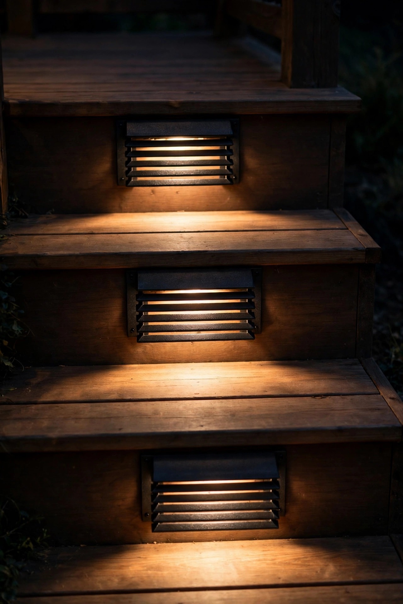 Louvered step lights with slatted shields aiming warm light downward onto stair treads with no glare