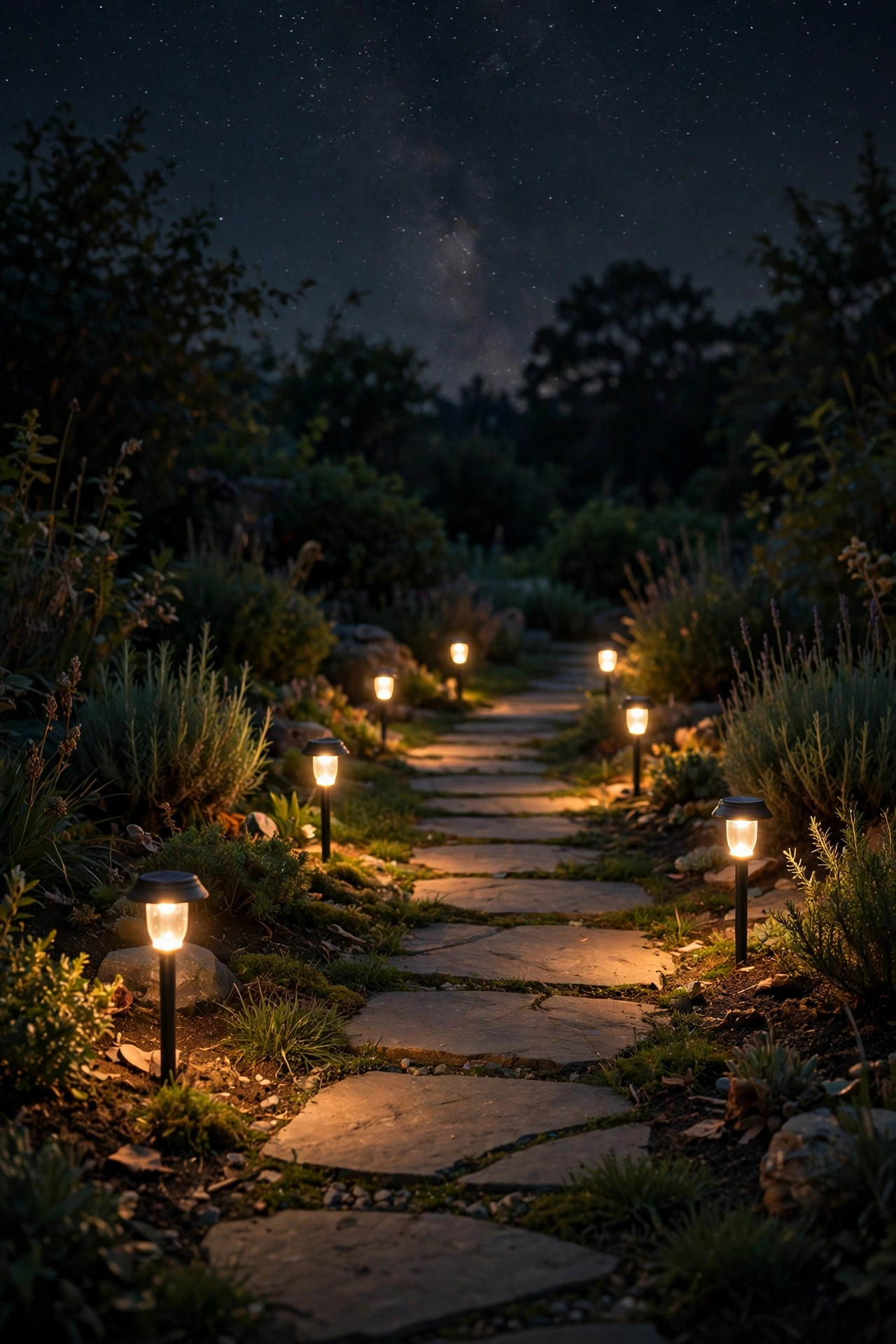 Low-lumen warm solar stake lights glowing softly along a short garden path on a dark stargazing night