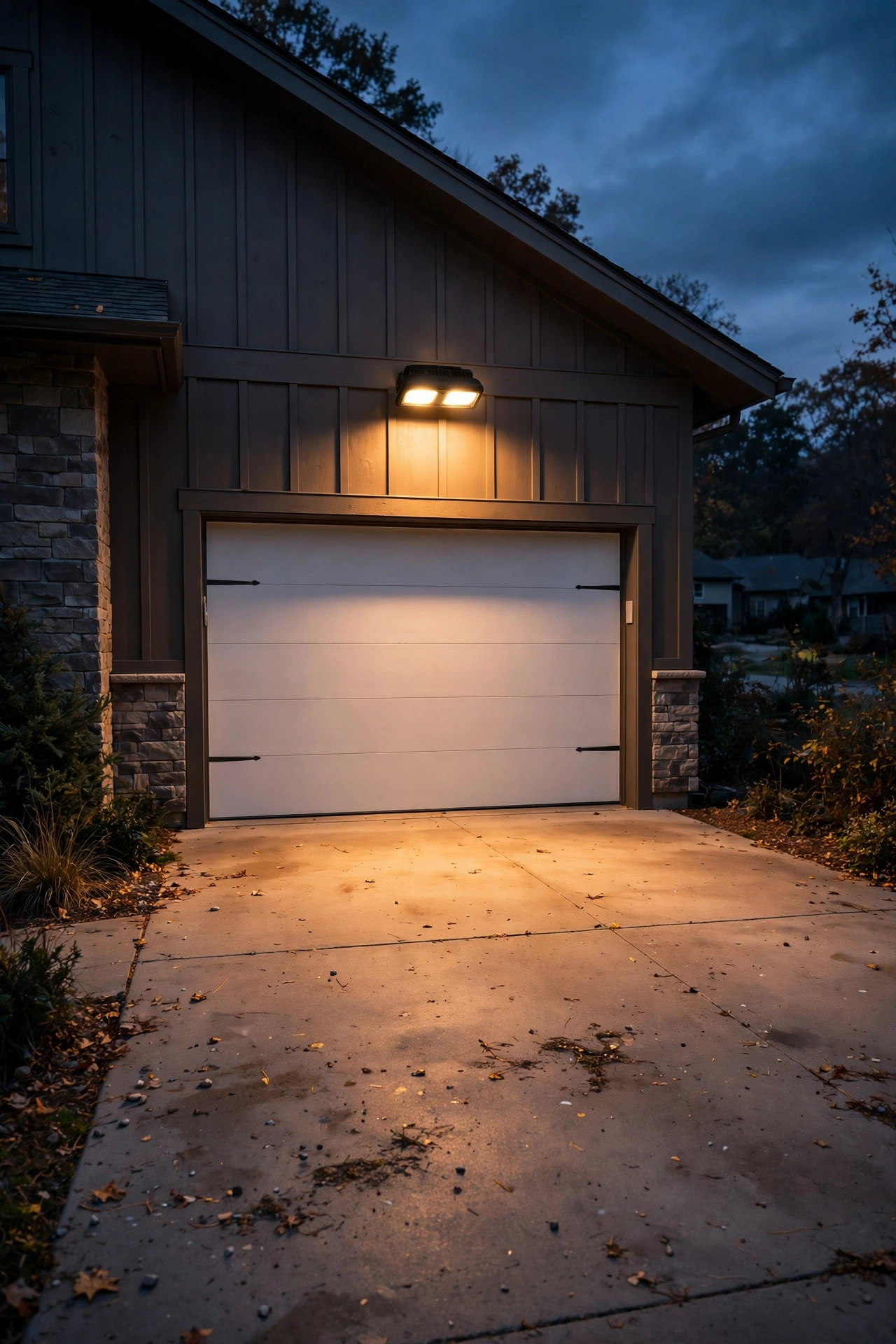 Security flood light mounted just above a garage door at about eight feet, light pooling on the driveway below