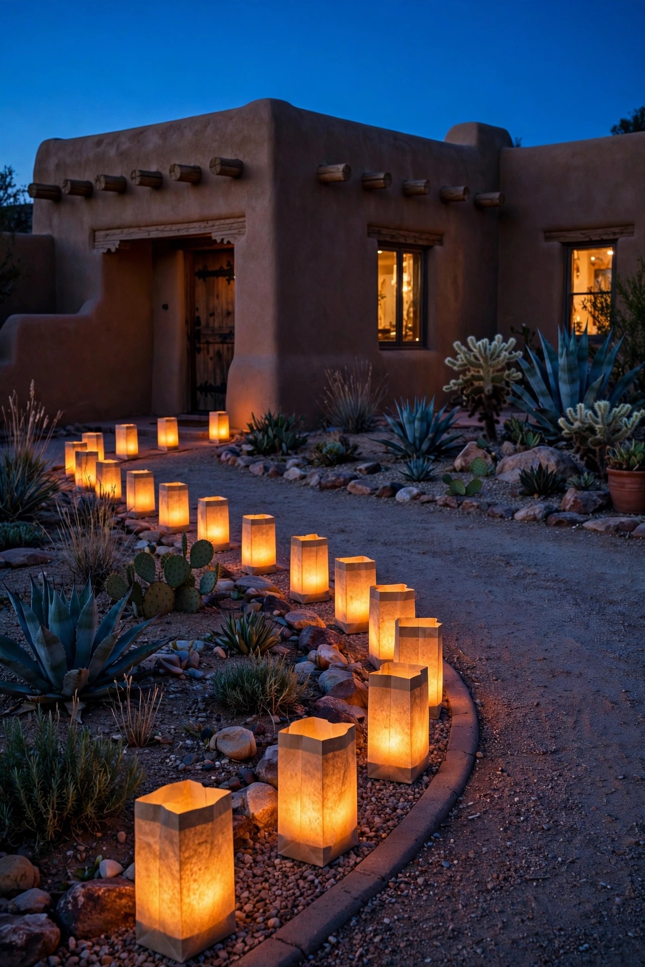 Row of glowing luminaria bags with flameless candles lining a driveway edge at dusk in front of an adobe home with desert landscaping