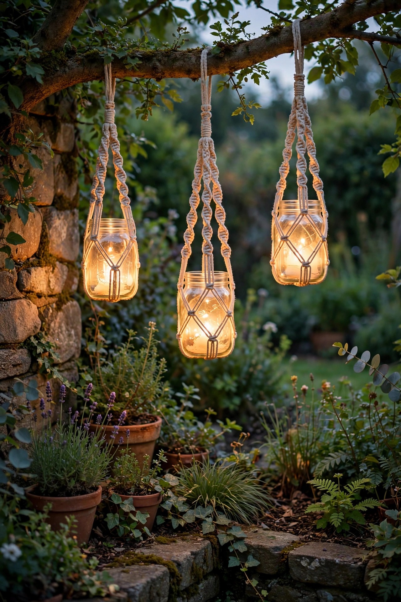Macramé lantern hangers with glowing jars suspended from a tree branch over a garden corner