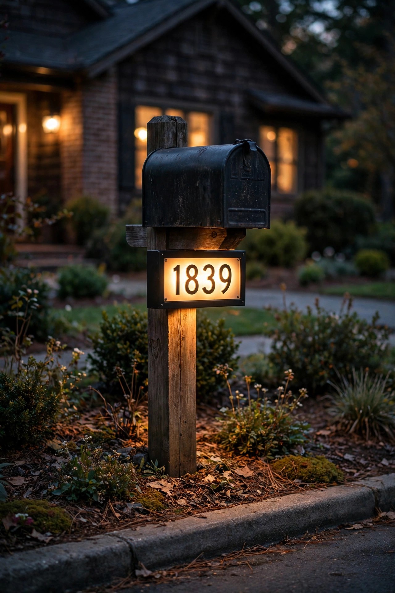 Illuminated house numbers mounted on a mailbox post at the curb glowing at night