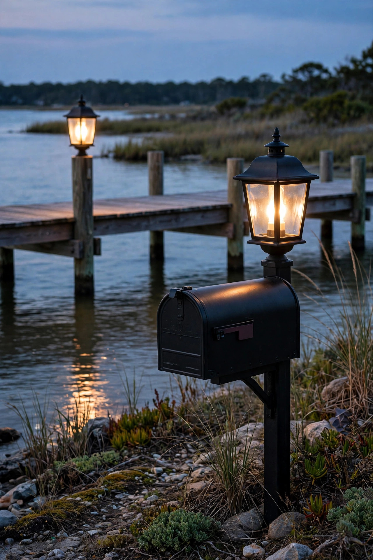 Matching pier light and mailbox post lantern in black metal at dusk