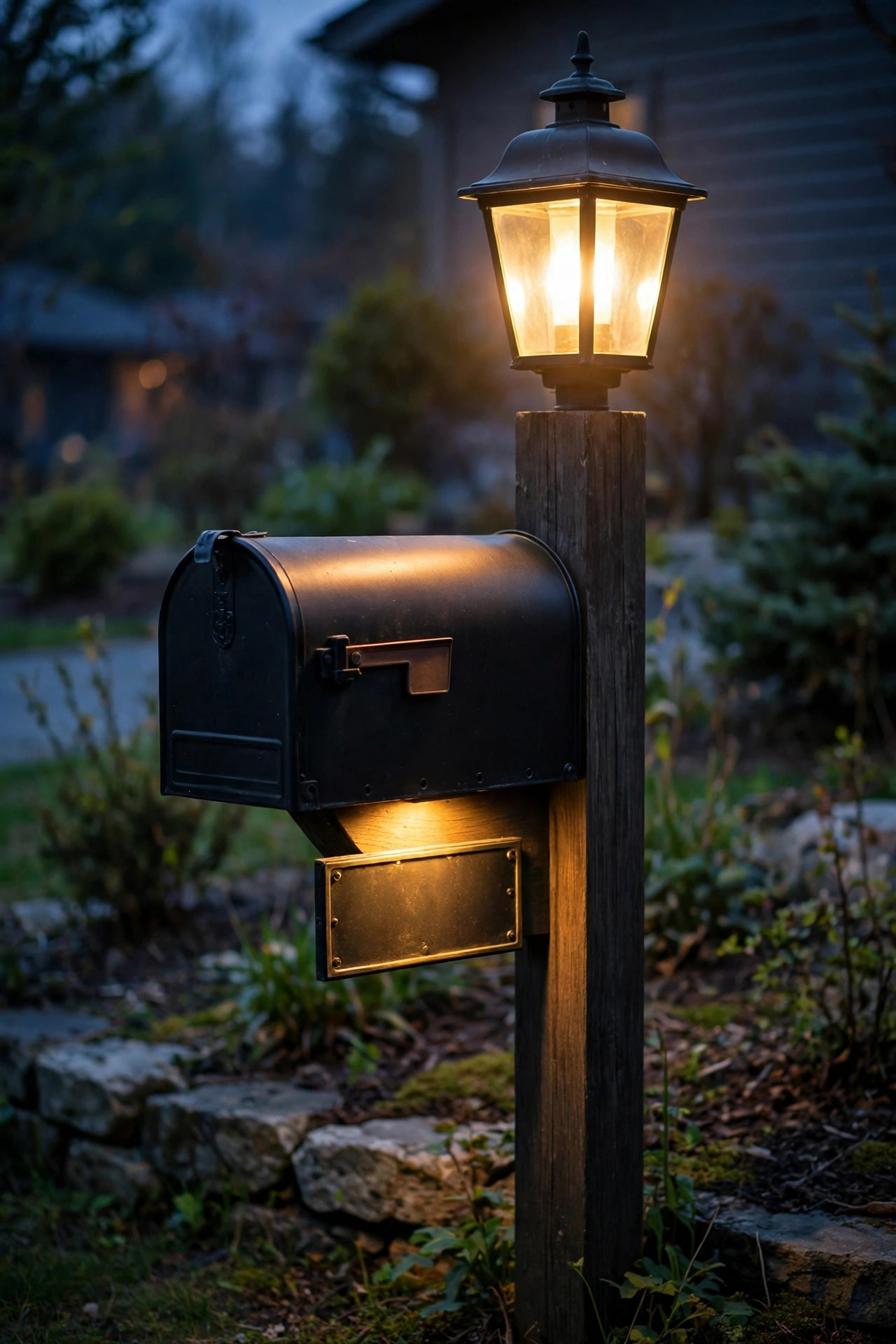 A post light mounted beside a mailbox at dusk clearly illuminating the house number plaque and mailbox door in warm light