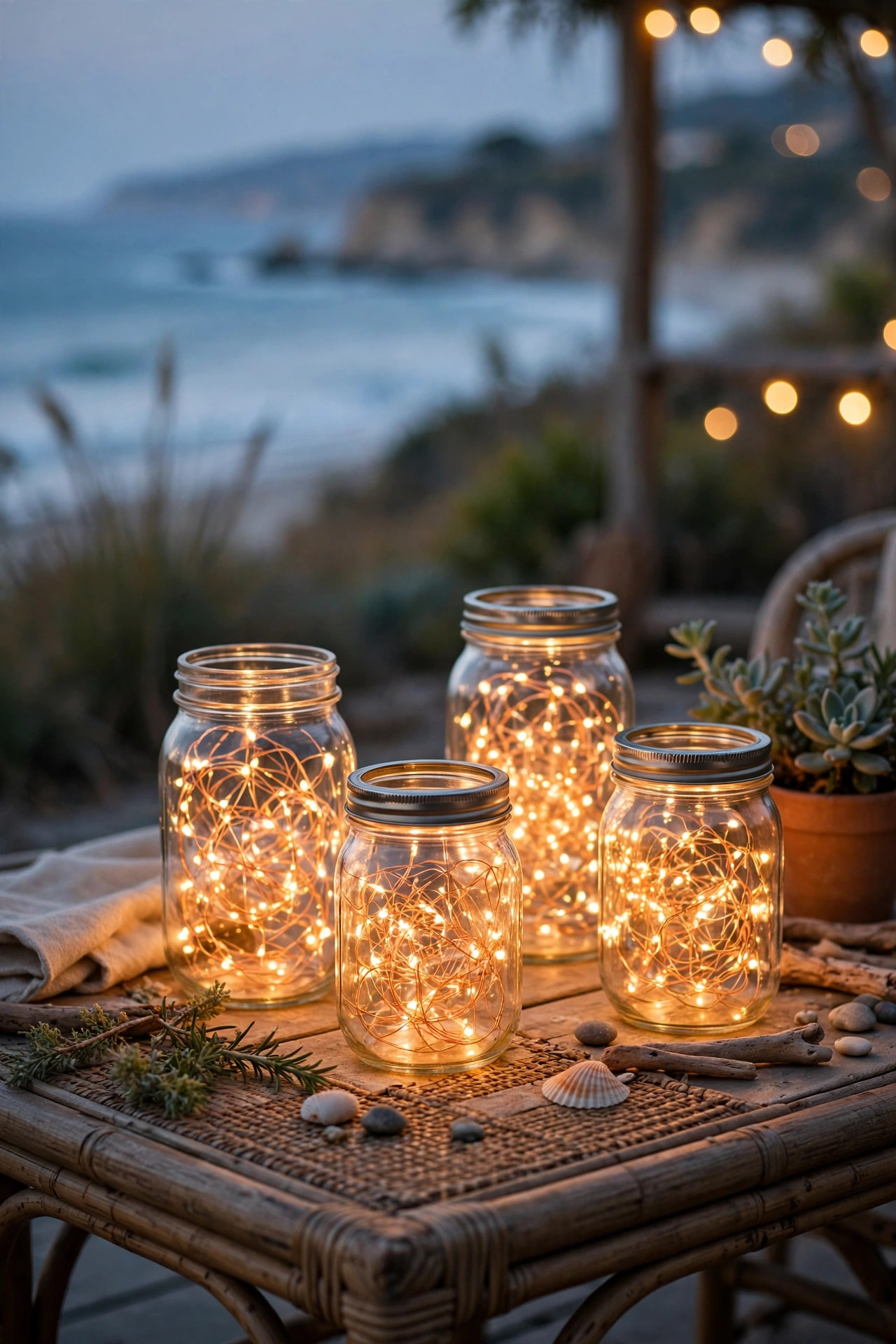 Mason jars filled with warm copper-wire fairy lights on a coastal patio table