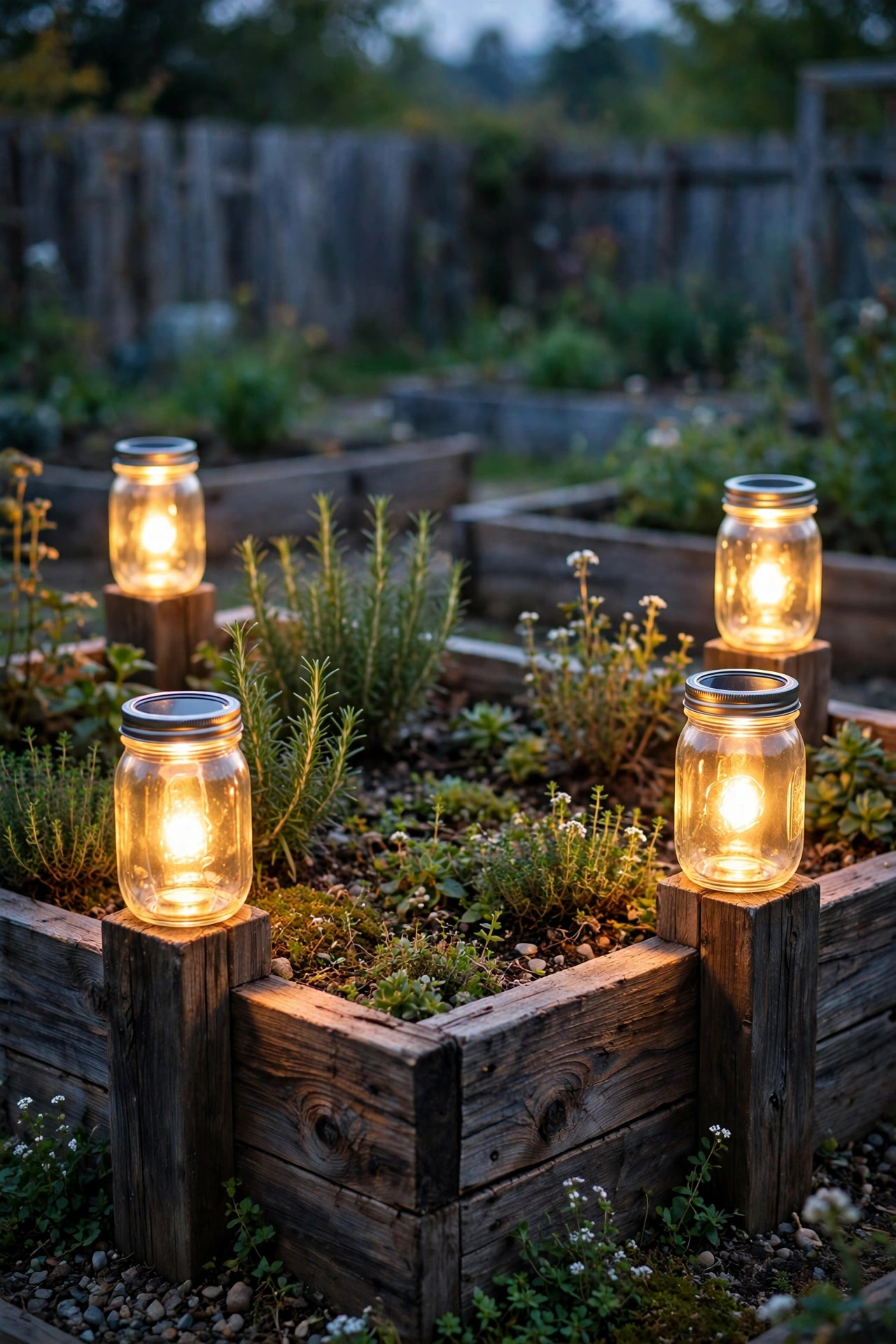 Solar mason jar lanterns glowing on the corner rails of a raised garden bed at dusk