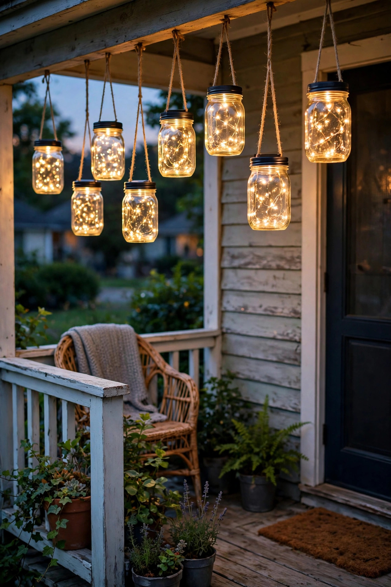 Solar mason jar lights with fairy lights inside hanging along a small rental porch