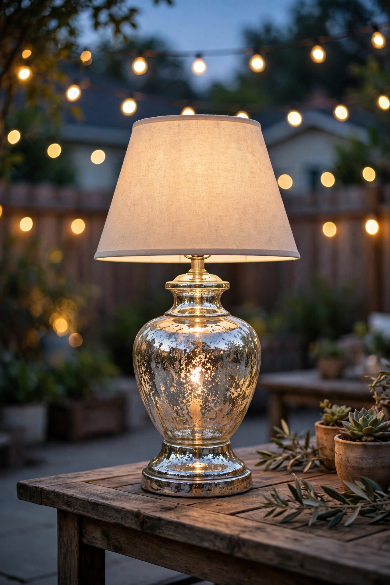 Mercury glass outdoor table lamp shimmering with warm light on a patio console