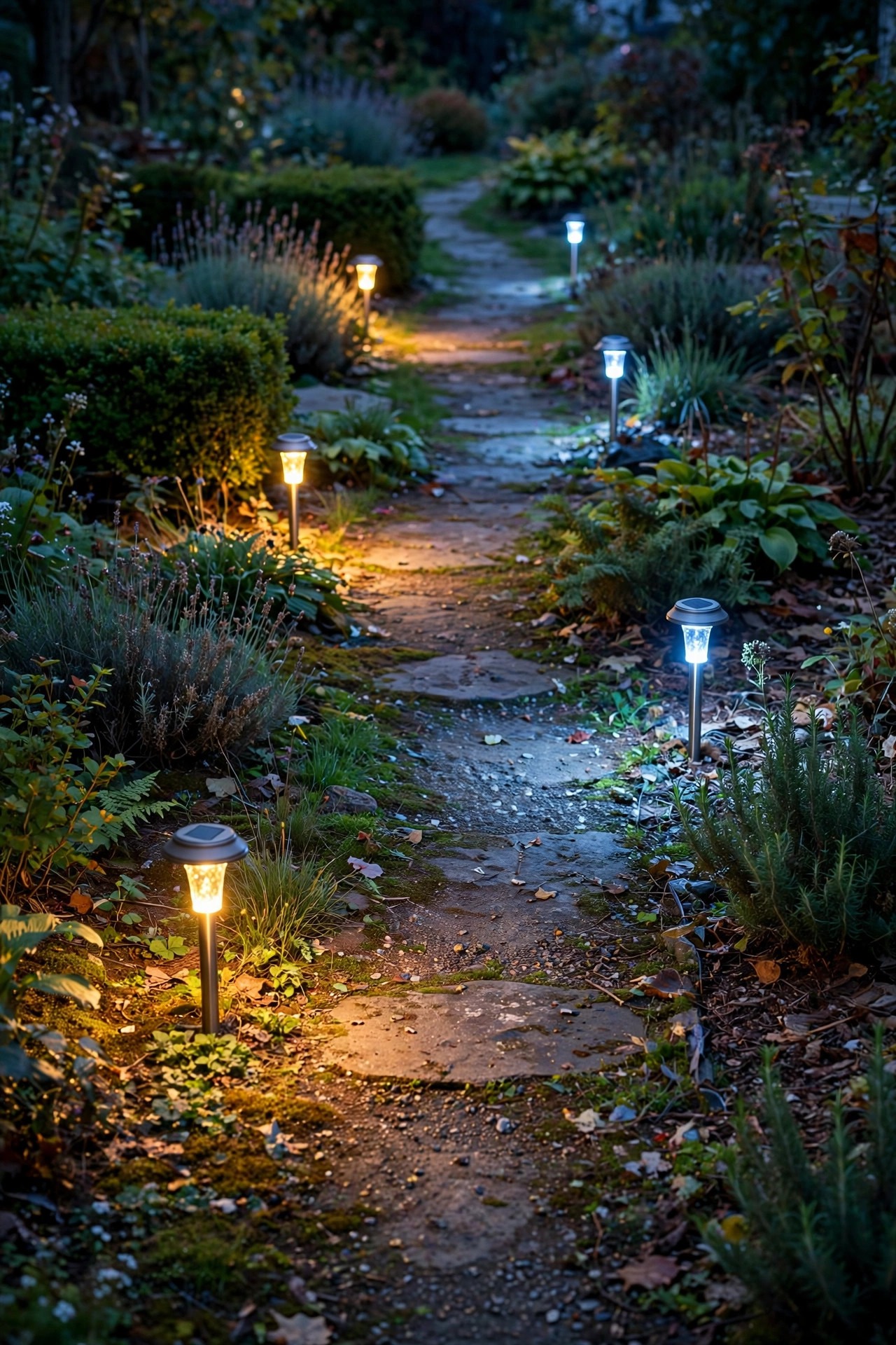 Garden path at dusk where solar lights alternate between warm golden and cool bluish white, showing a patchy mismatched look