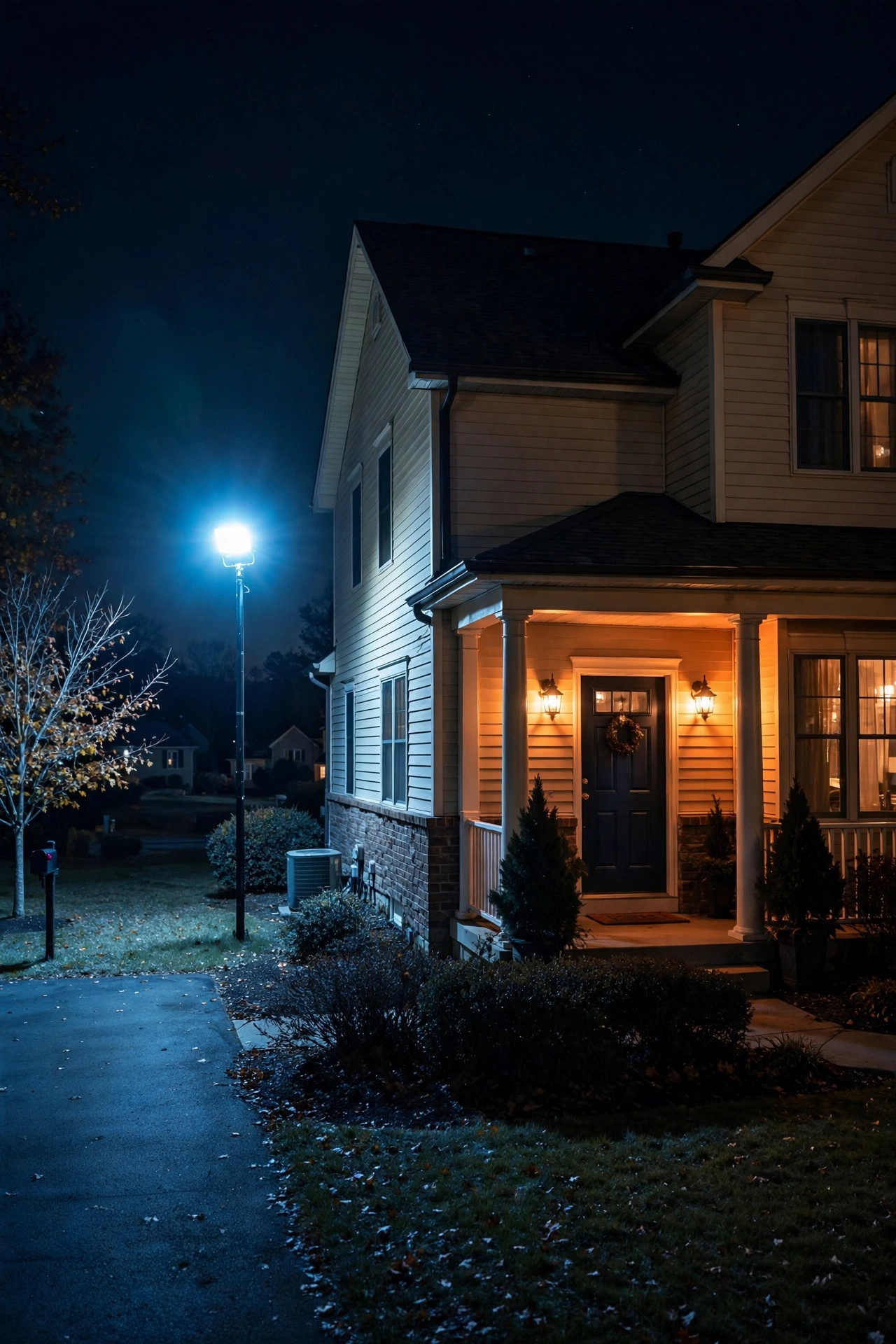 Porch with mismatched outdoor light color temperature sconces, one amber and one cool white, showing a lighting mistake