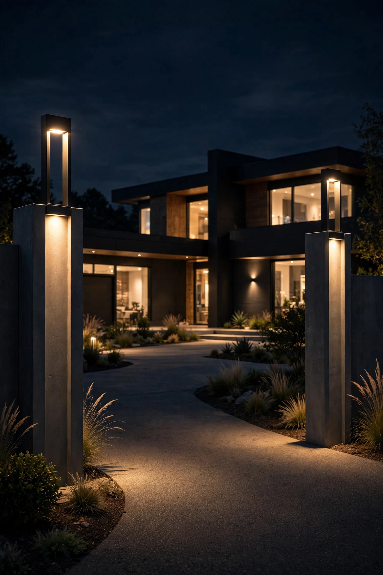 Minimalist post lights glowing on modern gateposts at the entrance of a home