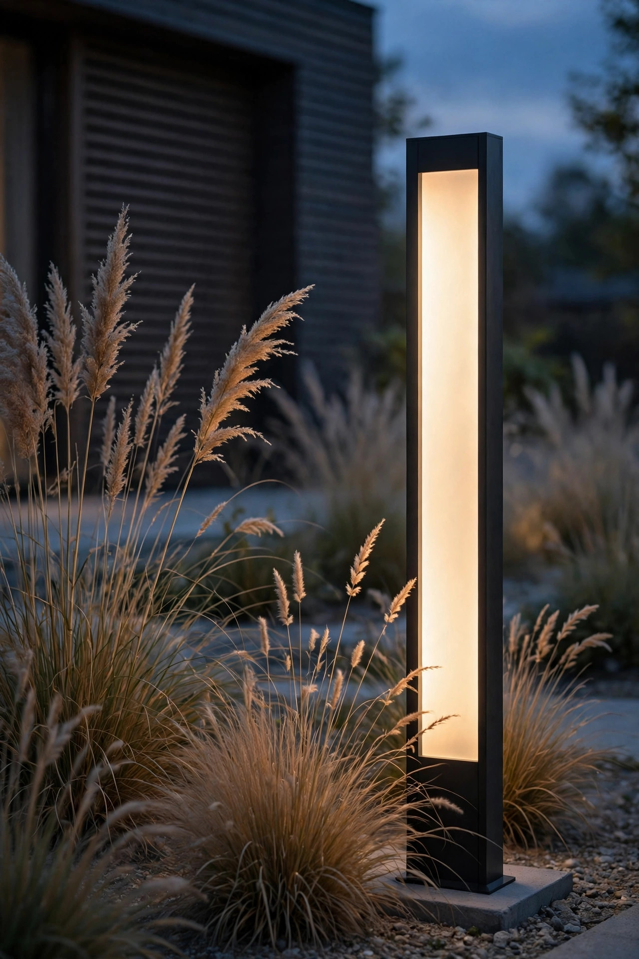 Minimalist modern lamp post with frosted panel glowing beside ornamental grasses at dusk
