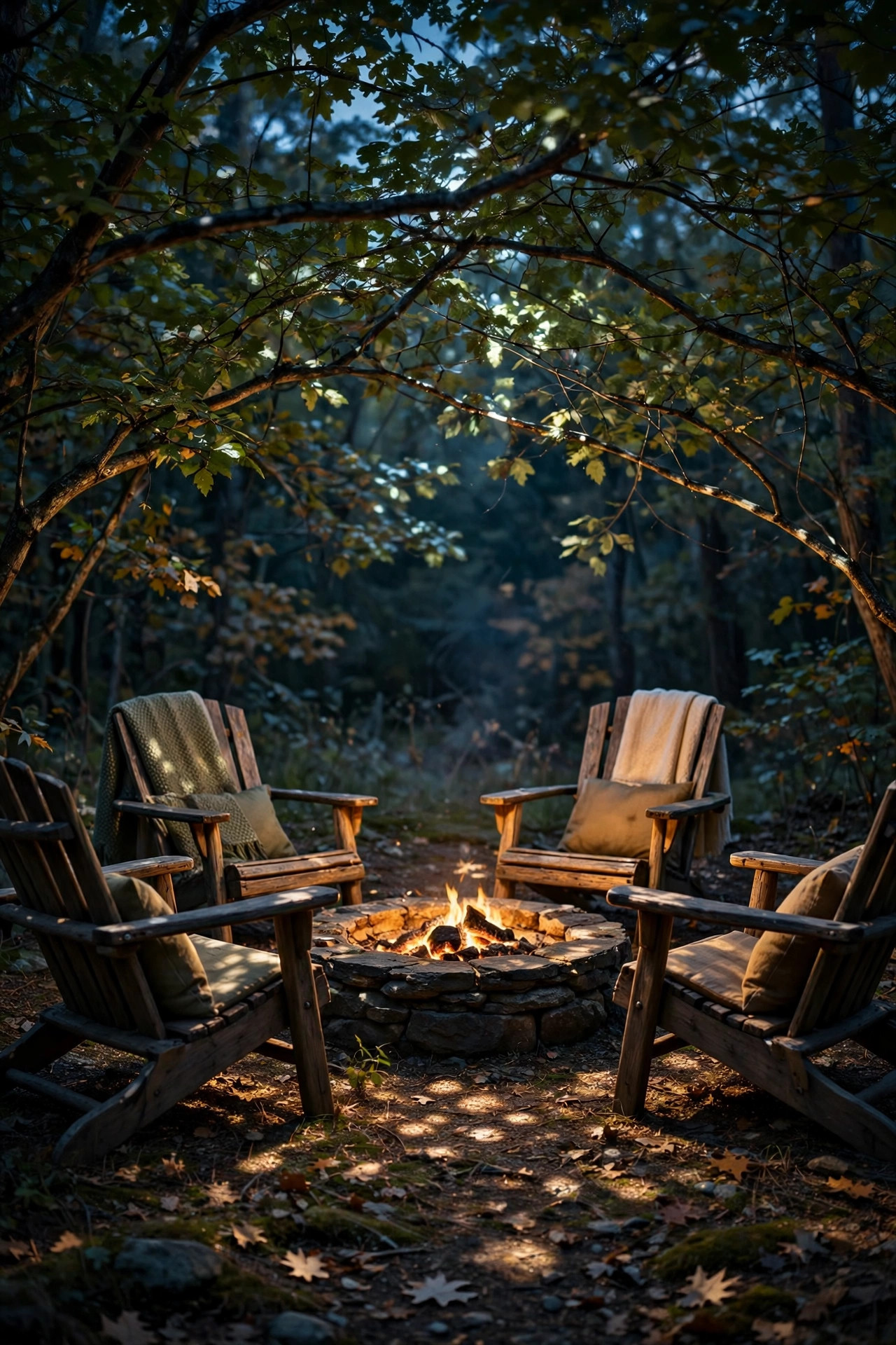 Soft moonlighting effect dappling down through tree branches onto fire pit seating