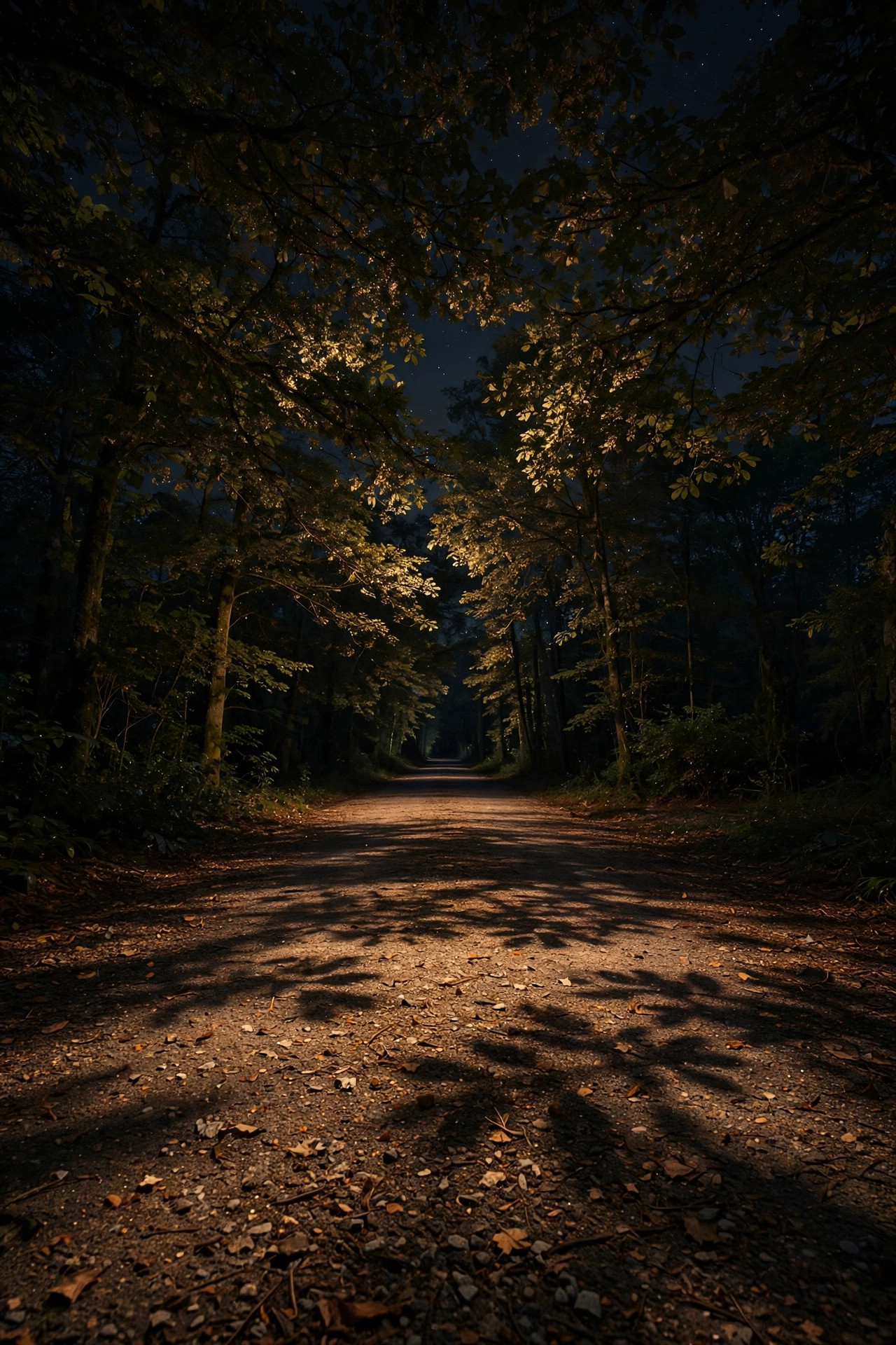 Moonlighting downlights high in a tree canopy casting dappled light over a long driveway