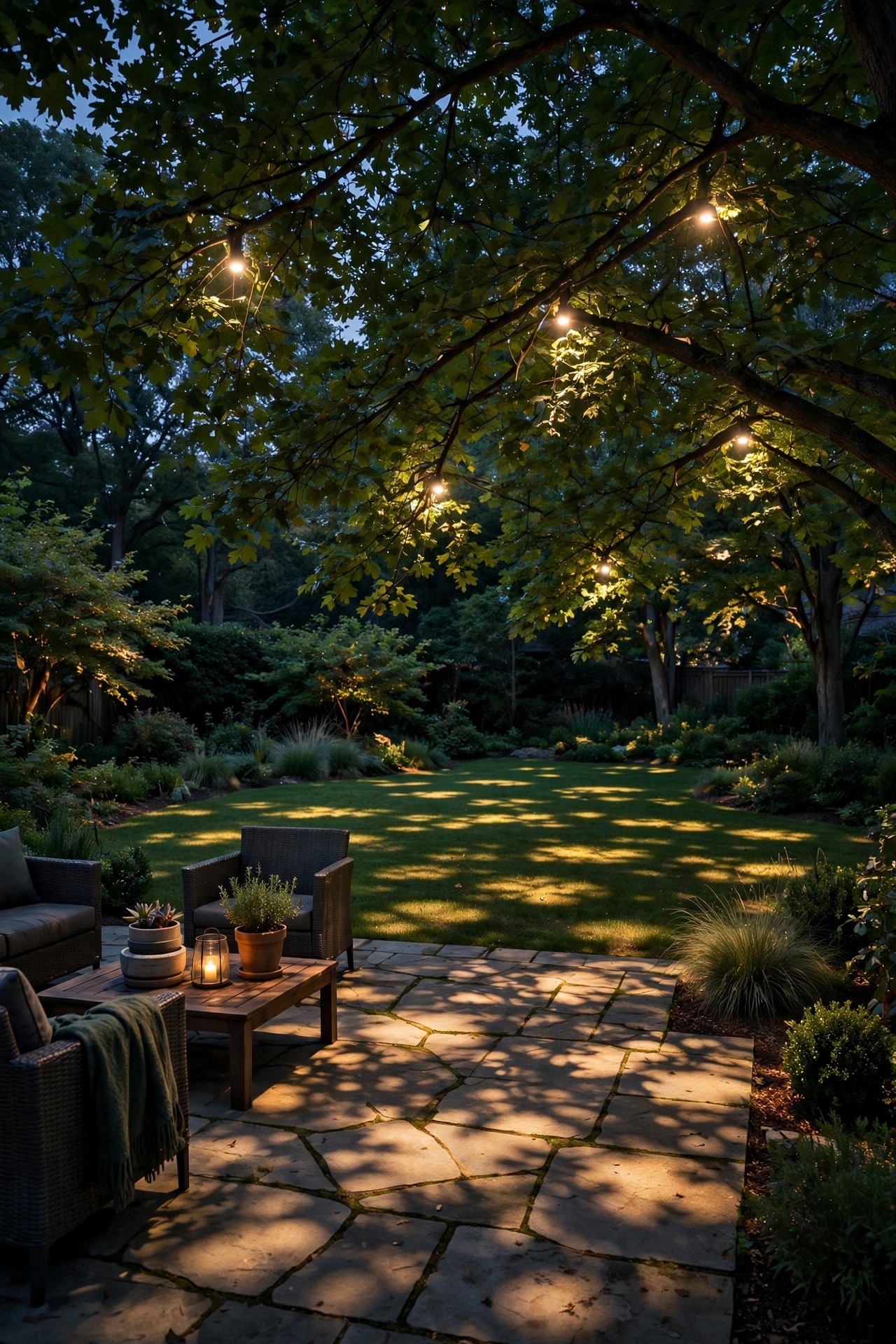 Backyard patio at night lit by downlights hidden high in a tree canopy, dappled moonlight-like pools falling across the lawn and stone patio